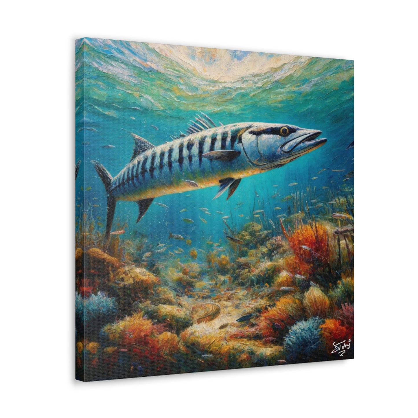 Art Print, Great Barracuda, Oil Finish, Caribbean Nature, Canvas Gallery Wrap