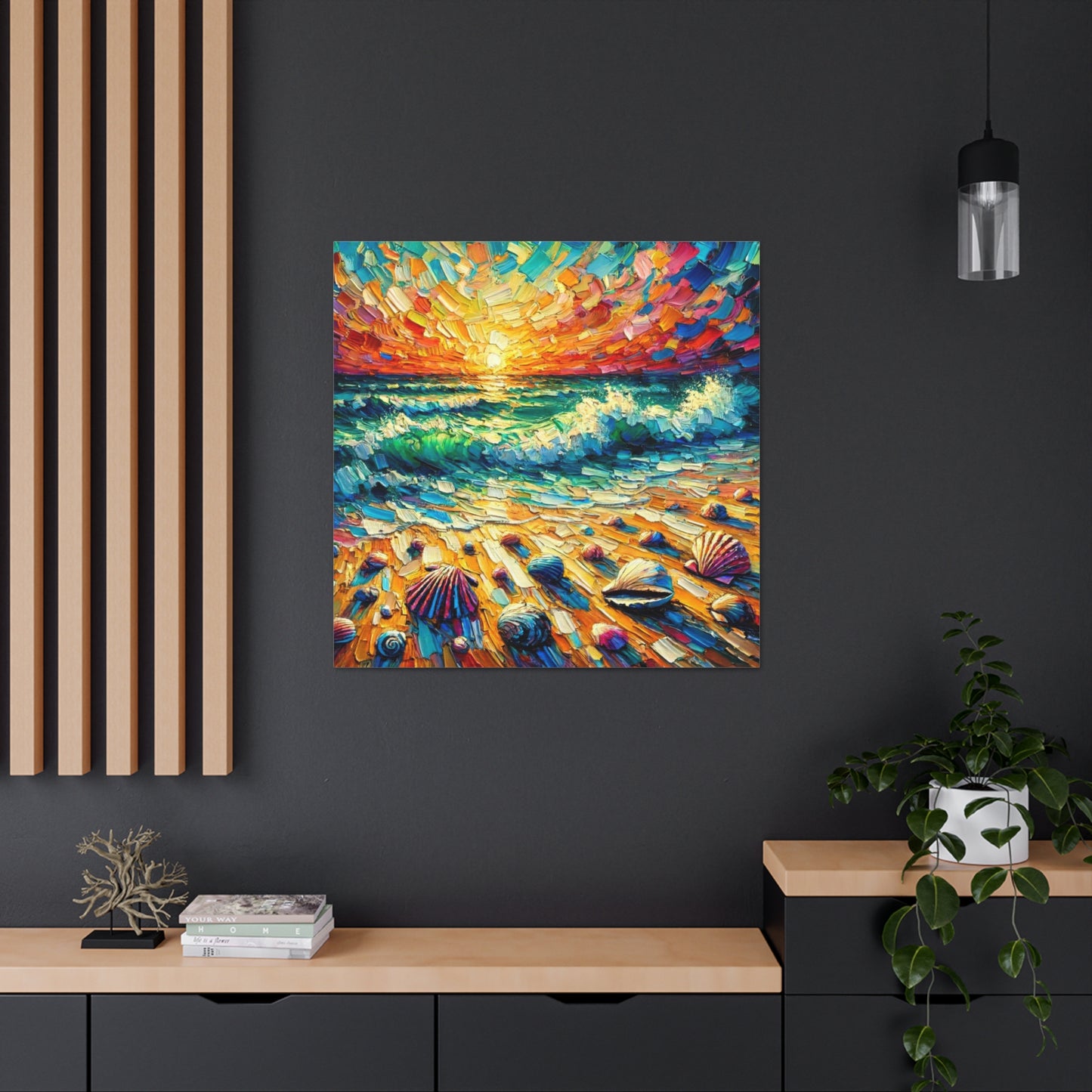 Art Print, Seashells on Caribbean Beach, Sunset, Semi-Abstract, Oil Painting, West Indian Art, Canvas Gallery Wraps