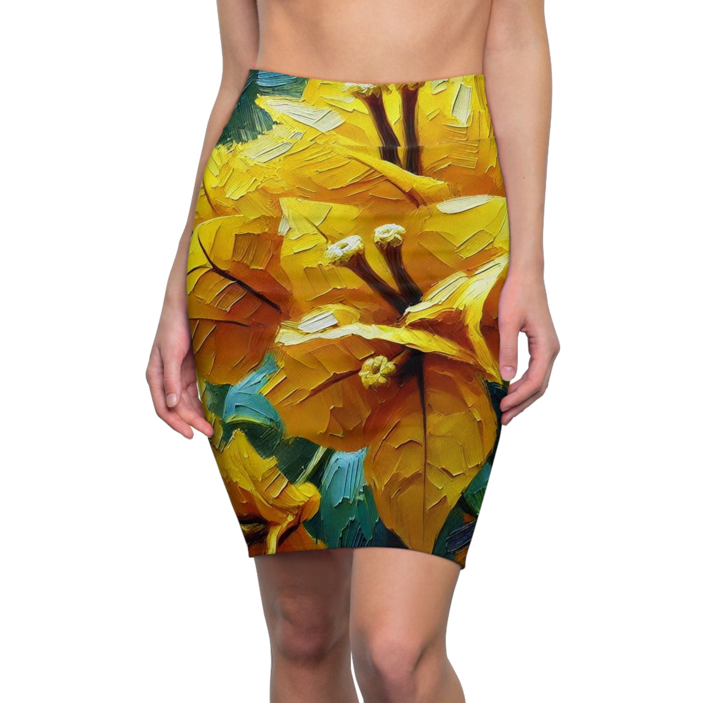 Women's Pencil Skirt (AOP) Yellow Bougainvillea Print