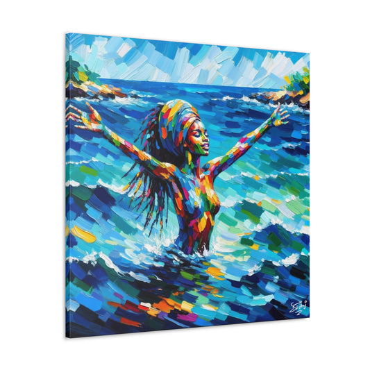 Art Print, Black Woman, Sea Bath, Oil Finish, Caribbean Nature, Semi-Abstract, Canvas Gallery Wrap