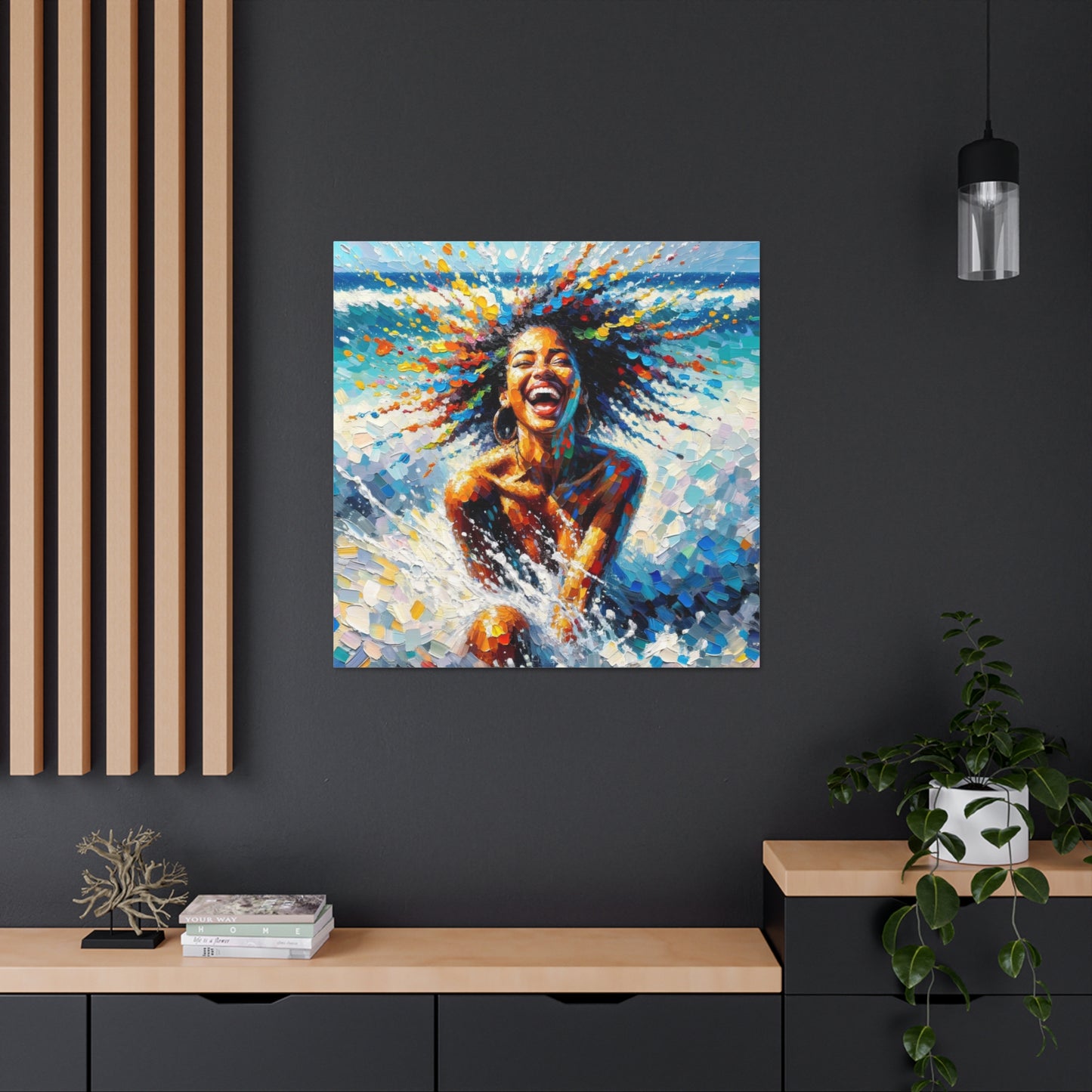 Art Print#3 of Dougla Woman's Exhilaration Captured - Joy, Laughter, Color, Caribbean Sea, Oil Finish, West Indian Art, Canvas Gallery Wraps