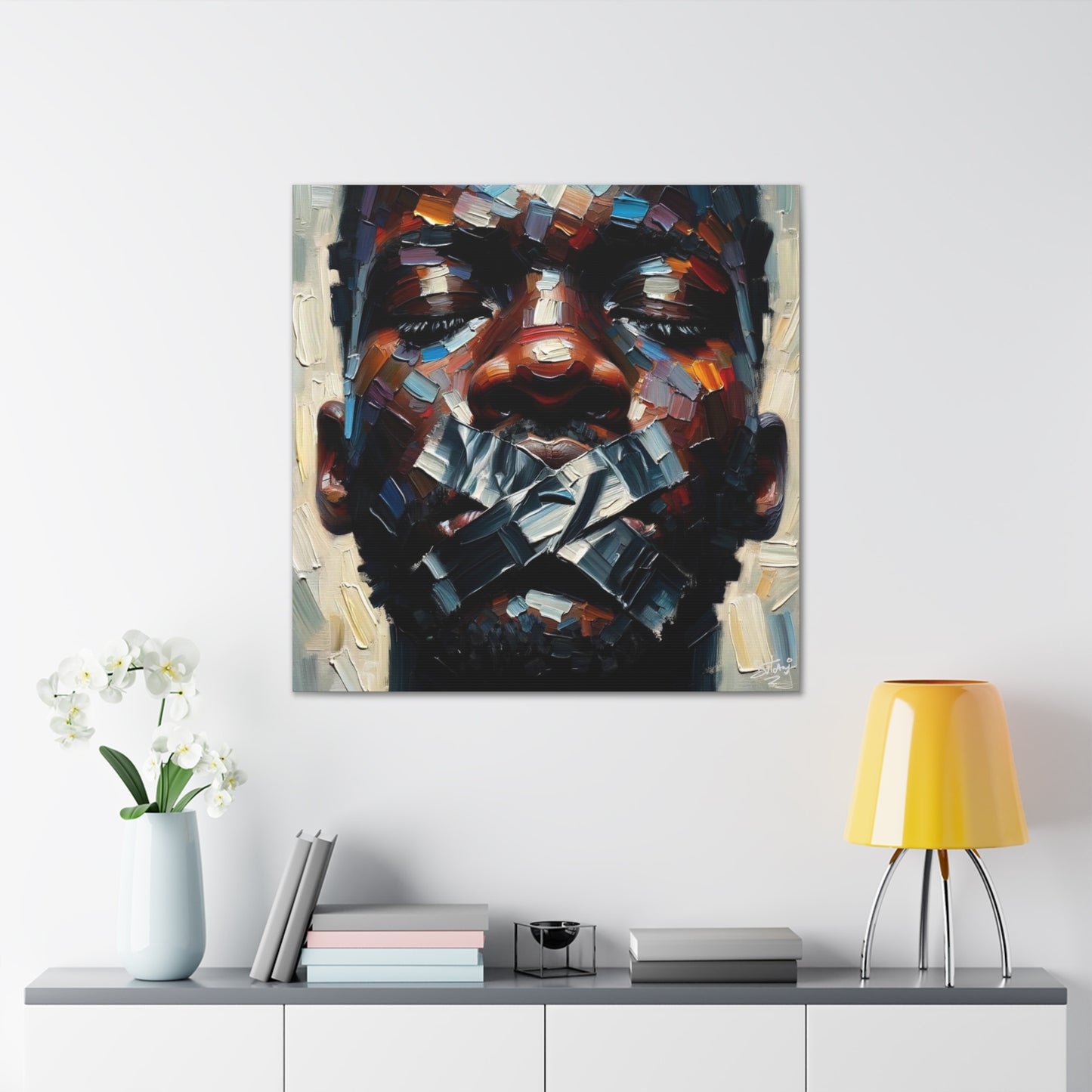 Art Print, Afro-Caribbean Man Silenced? Oil Finish, West Indian Ethnicity, Cultural, Heritage, Semi-Abstract, Canvas Gallery Wrap