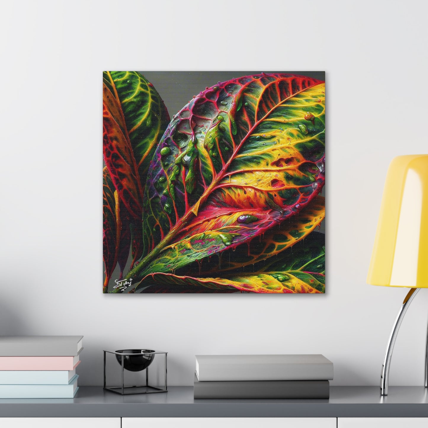 Oil Print#2 of Croton Plant, Close-up, Still Wet from Recent Rain, Caribbean, Tropical Plant, Canvas Gallery Wraps