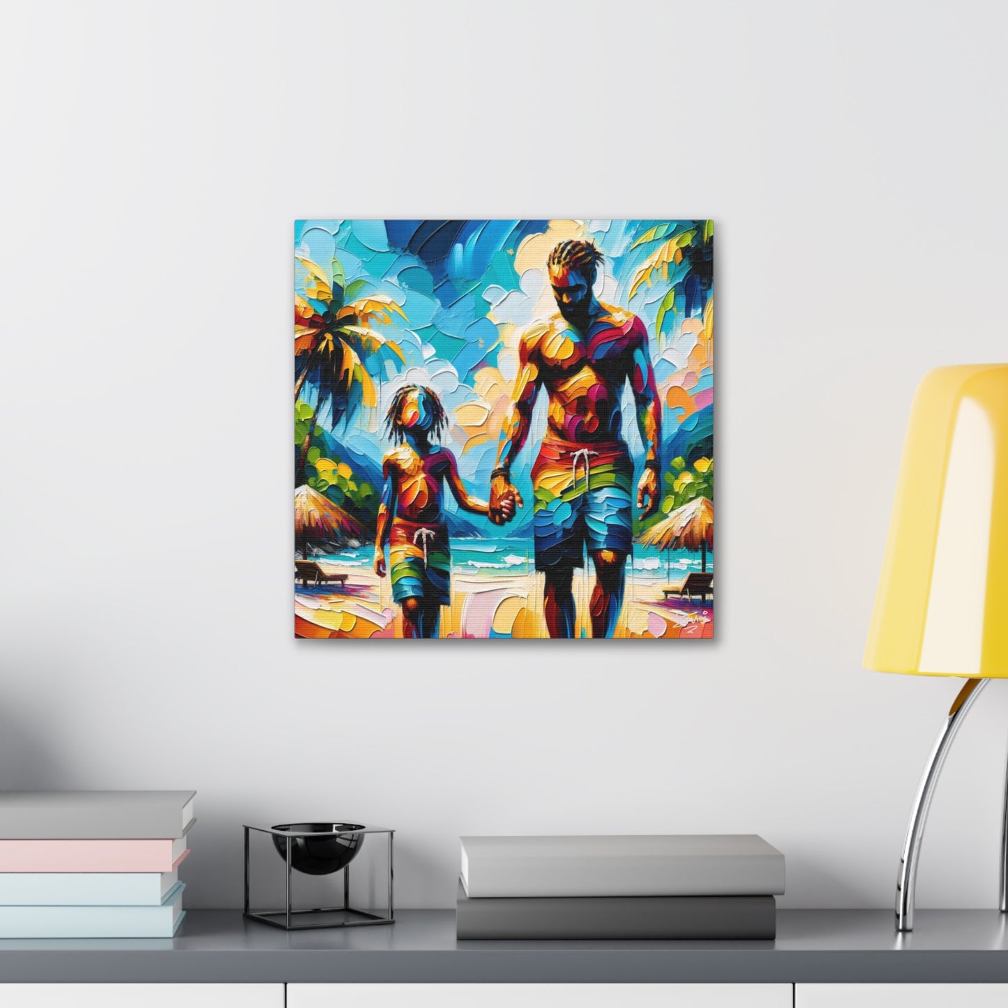 Art Print, Afro-Caribbean Father & Son, Oil Finish, West Indian Ethnicity, Cultural, Heritage, Semi-Abstract, Canvas Gallery Wrap