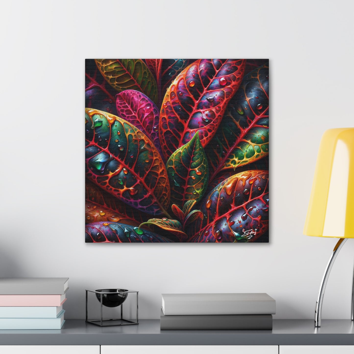 Oil Print#3 of Croton Plant, Close-up, Still Wet from Recent Rain, Caribbean, Tropical Plant, Canvas Gallery Wraps