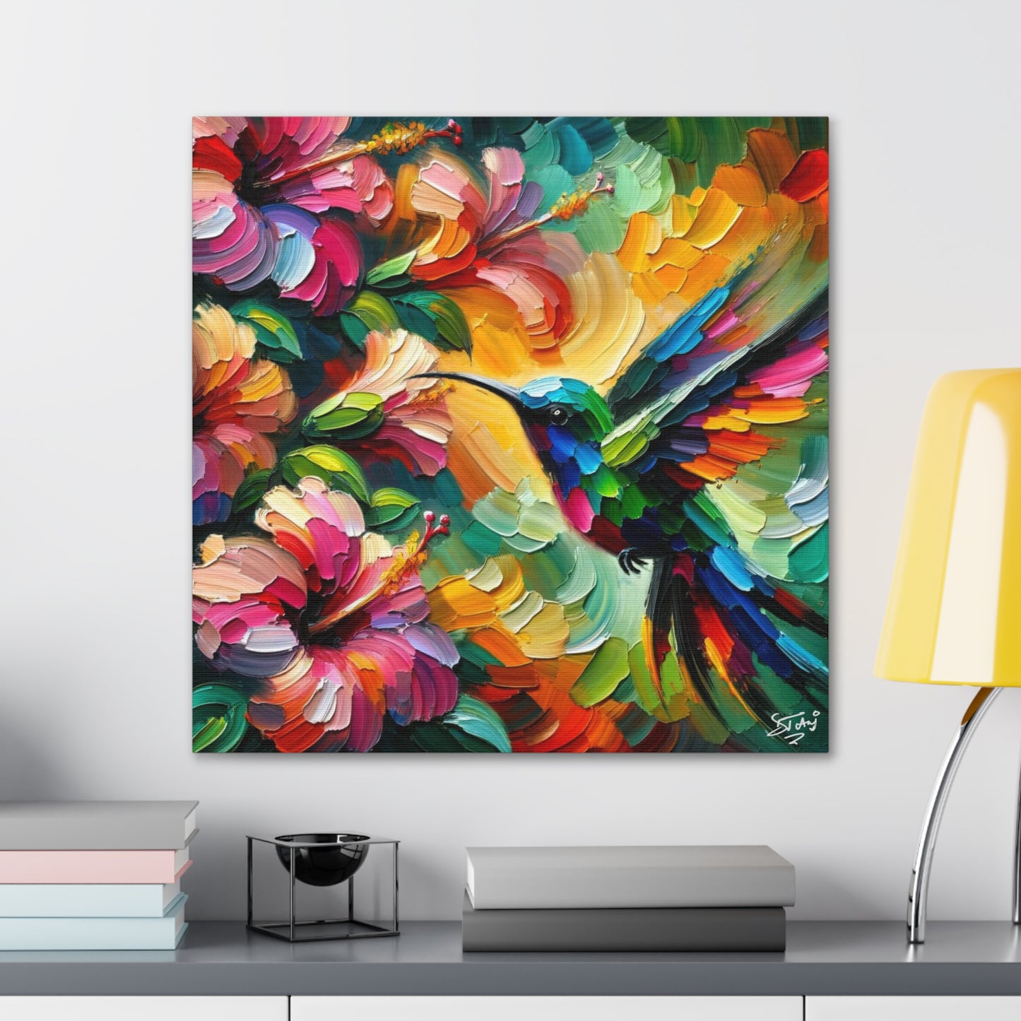 Art Print, Hummingbird on Hibiscus, Oil Finish, Caribbean Nature, Cultural, Heritage, Semi-Abstract, Canvas Gallery Wrap