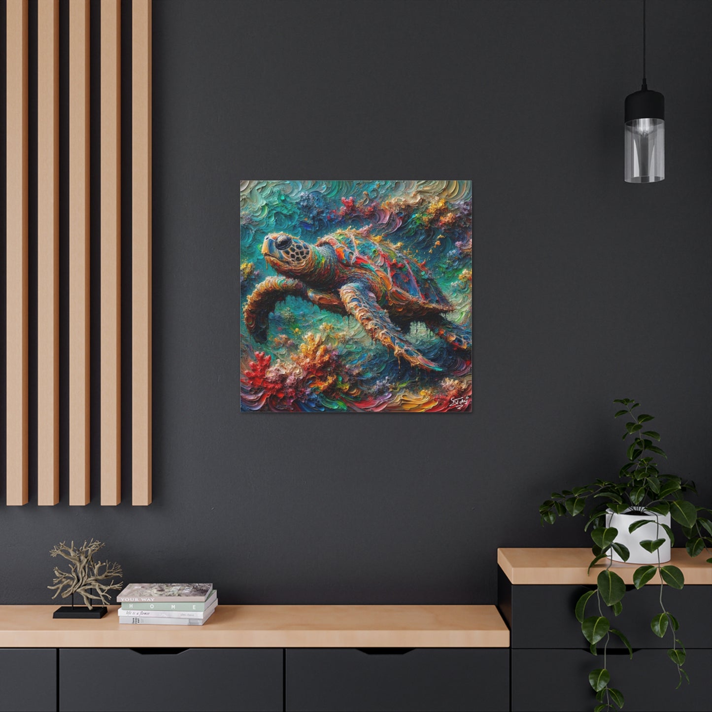 Art Print, Turtle in Reef, Oil Finish, Caribbean Nature, Cultural, Heritage, Semi-Abstract, Canvas Gallery Wrap