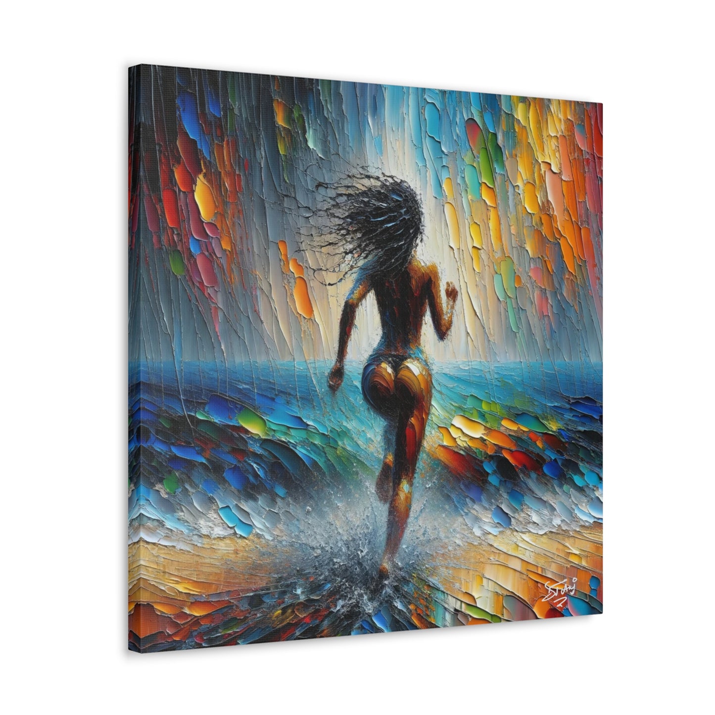 Art Print, Dougla Woman "Running Into the Storm" Oil Finish, West Indian Ethnicity, Cultural, Heritage, Semi-Abstract, Canvas Gallery Wrap