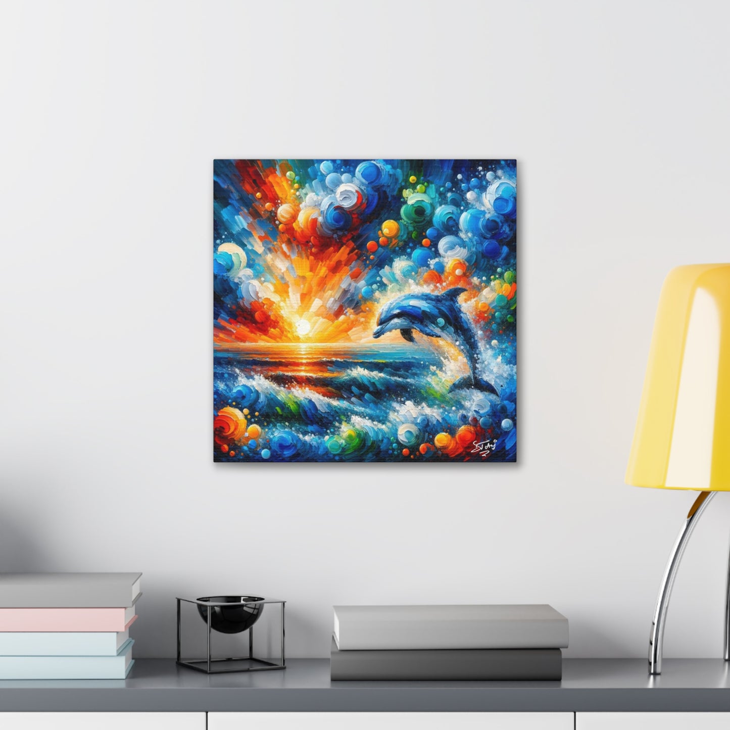 Art Print, Dolphin at Sunset, Abstract Oil Finish, Caribbean Nature, Canvas Gallery Wrap