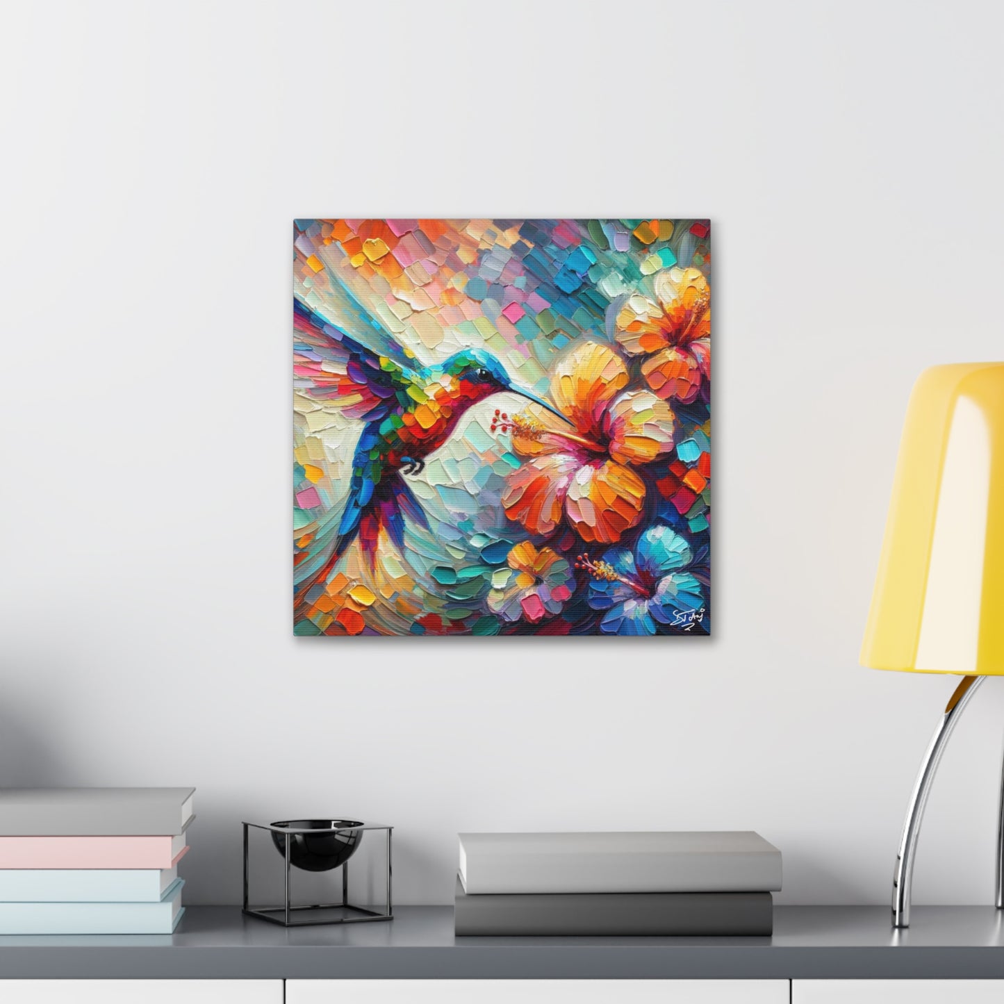 Art Print, Hummingbird on Hibiscus, Oil Finish, Caribbean Nature, Cultural, Heritage, Semi-Abstract, Canvas Gallery Wrap