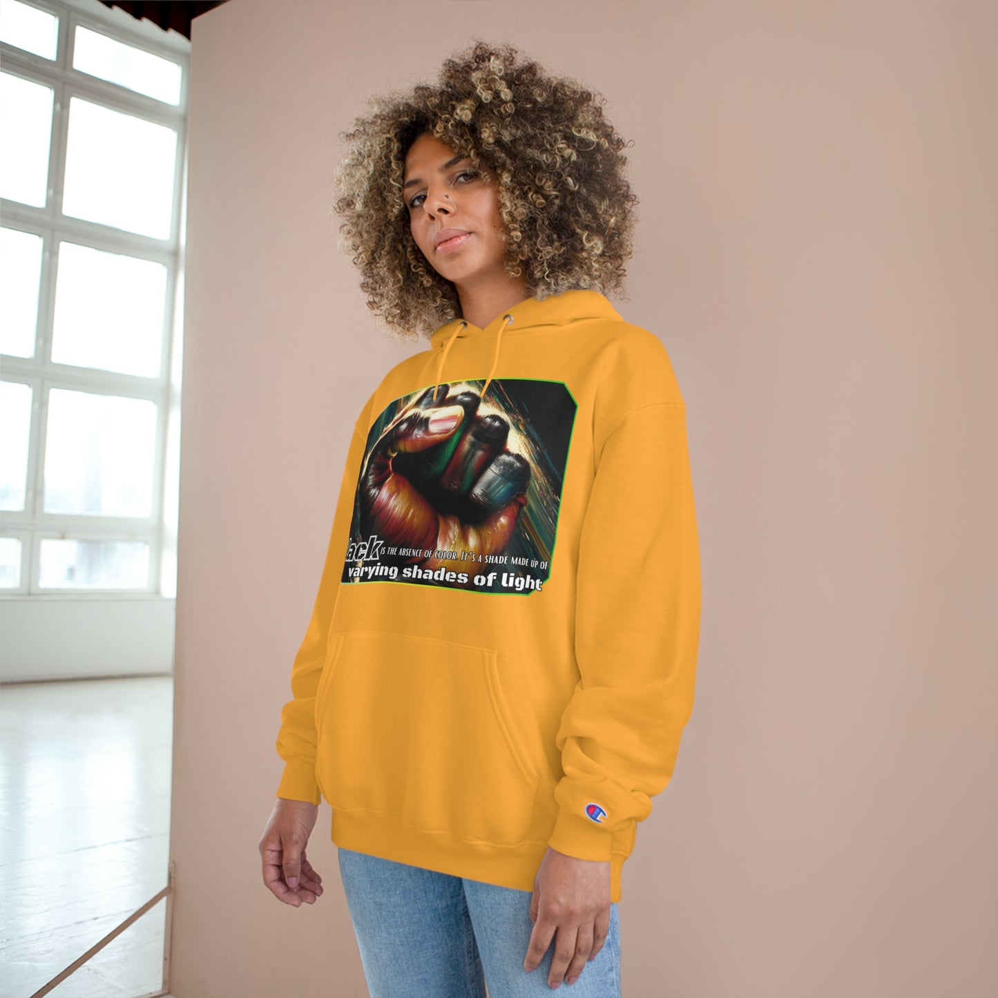 Champion Hoodie, "Black is the Absence of Color..." Inclusion, Anti-Racism, Racial Justice, One Love, Unity, Diversity, Immigrant Outsiders, Caribbean Culture, FashionWithPurpose, ConsciousClothing, Cultural Identity, Black Inspiration Empowerment