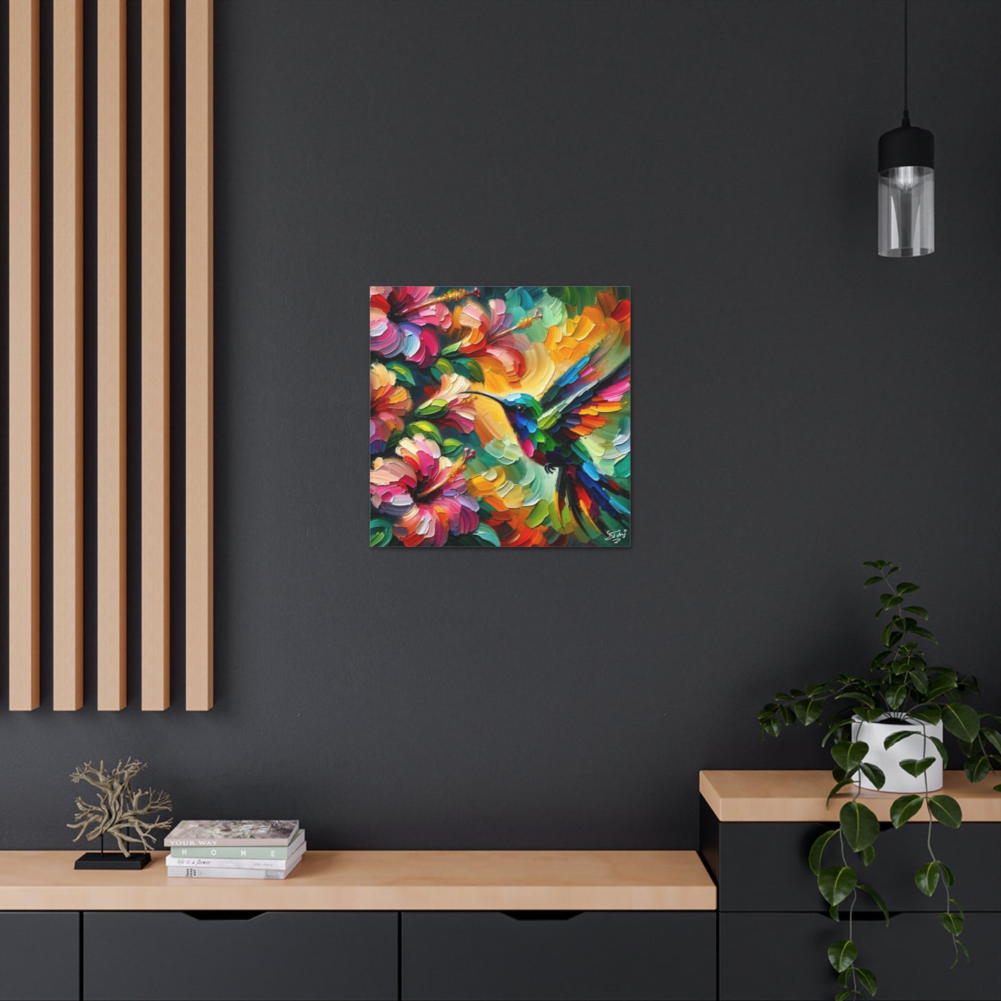 Art Print, Hummingbird on Hibiscus, Oil Finish, Caribbean Nature, Cultural, Heritage, Semi-Abstract, Canvas Gallery Wrap