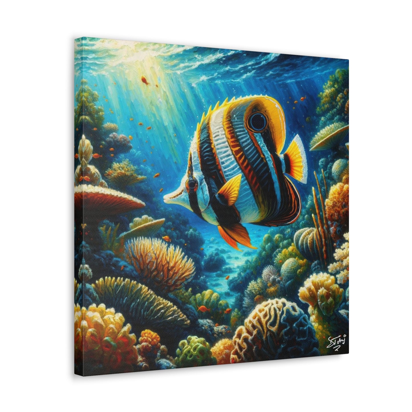 Art Print, Banded Butterflyfish in Coral Reef, Oil Finish, Caribbean Nature, Semi-Abstract, Canvas Gallery Wrap