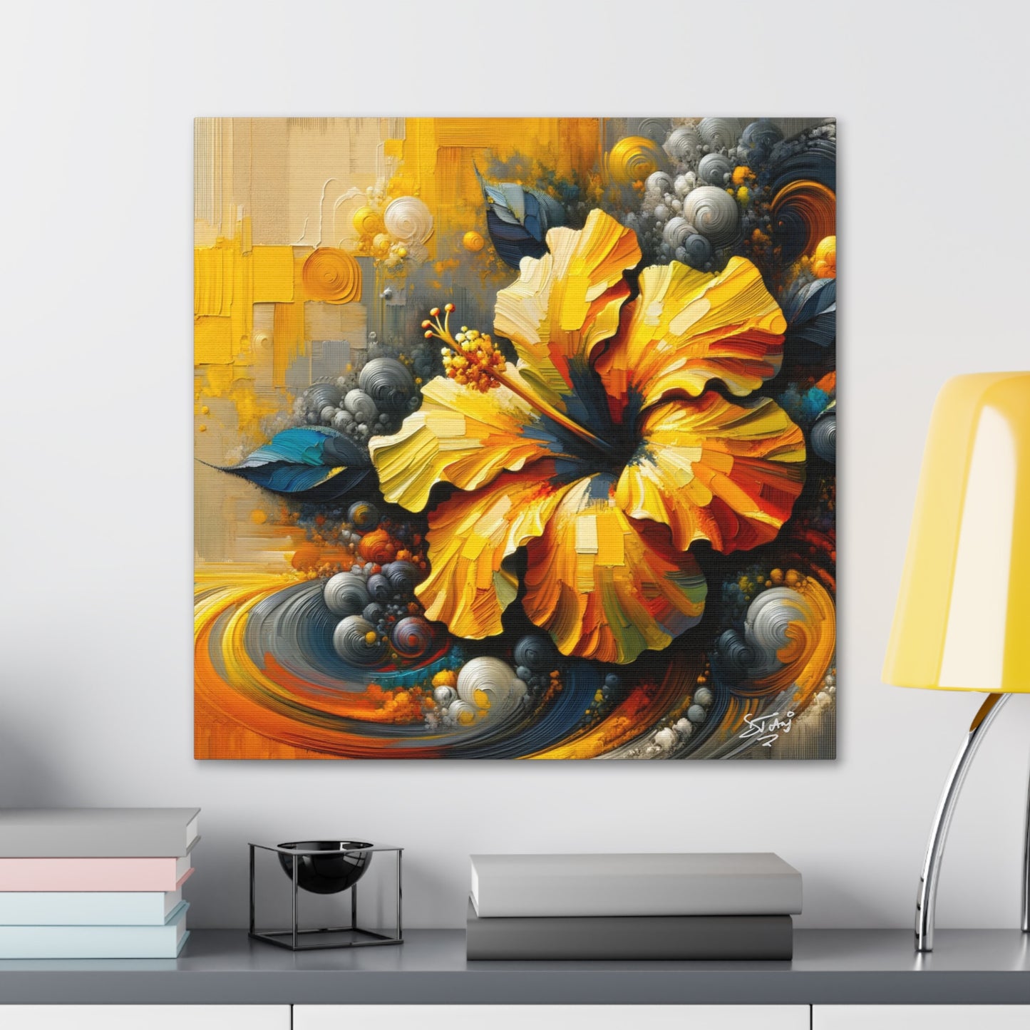 Oil Print#2 of a Yellow Hibiscus Flower, Close-up View, Semi-abstract, Caribbean, Vibrant Vivid Colors, Canvas Gallery Wraps