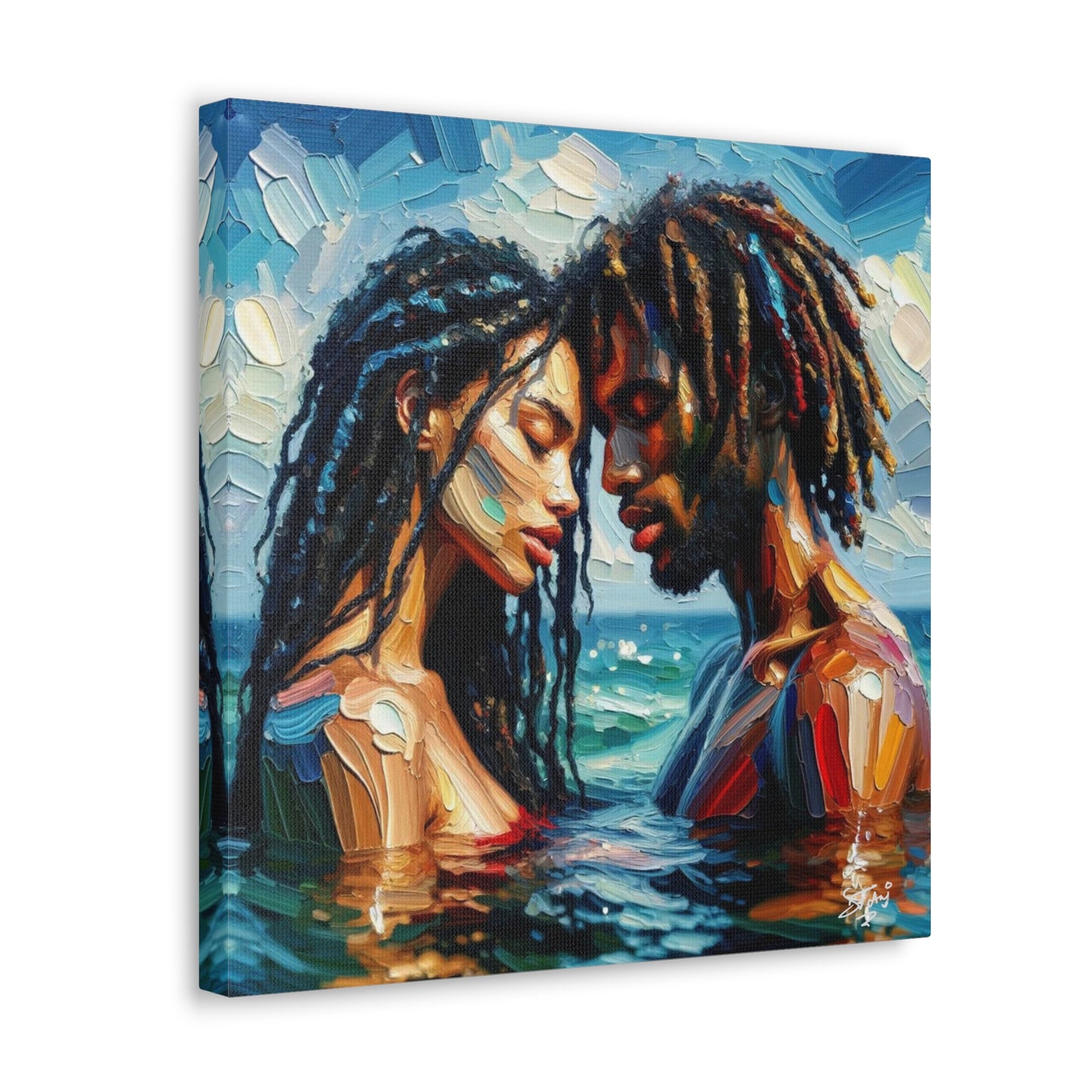 Art Print, Caribbean Couple, "In Our World" Semi-Abstract Oil Finish, West Indian Ethnicity, Cultural, Heritage, Abstract, Canvas Gallery Wrap