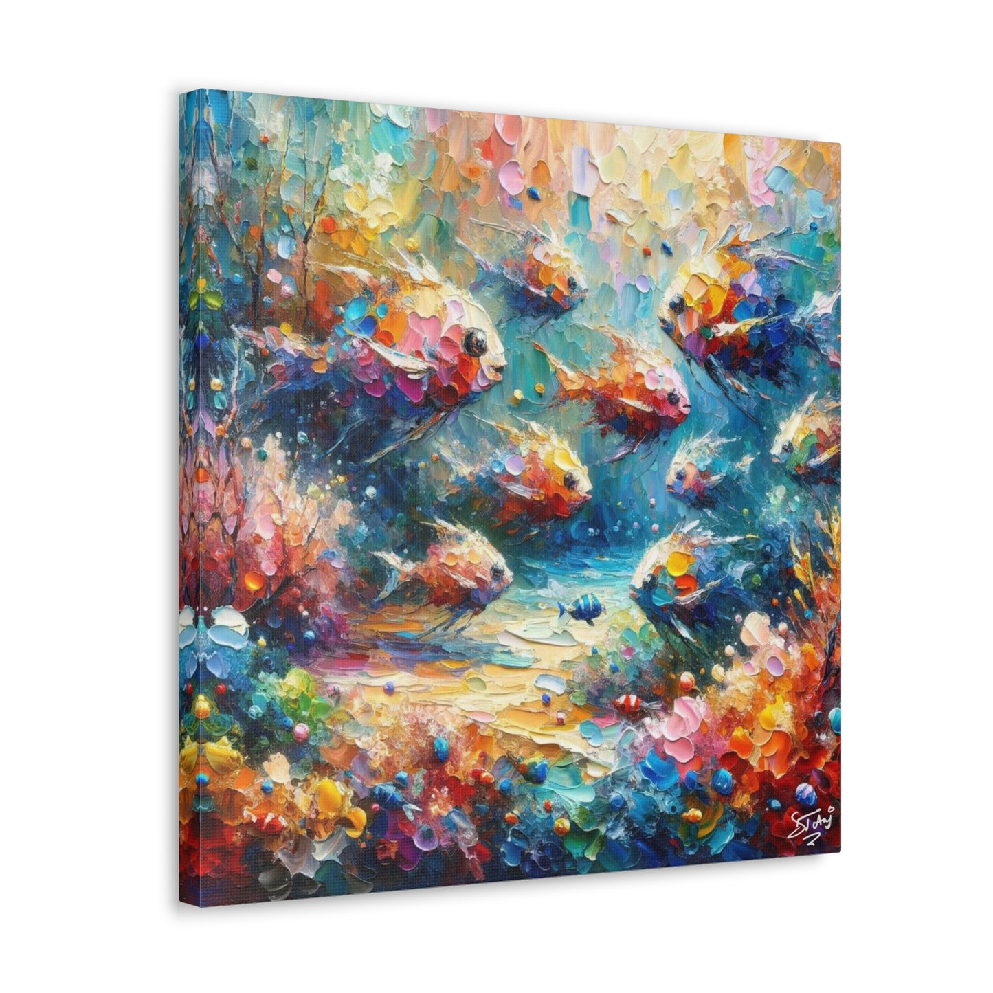 Art Print, Fishes in Coral Reef, Oil Finish, Caribbean Nature, Semi-Abstract, Canvas Gallery Wrap