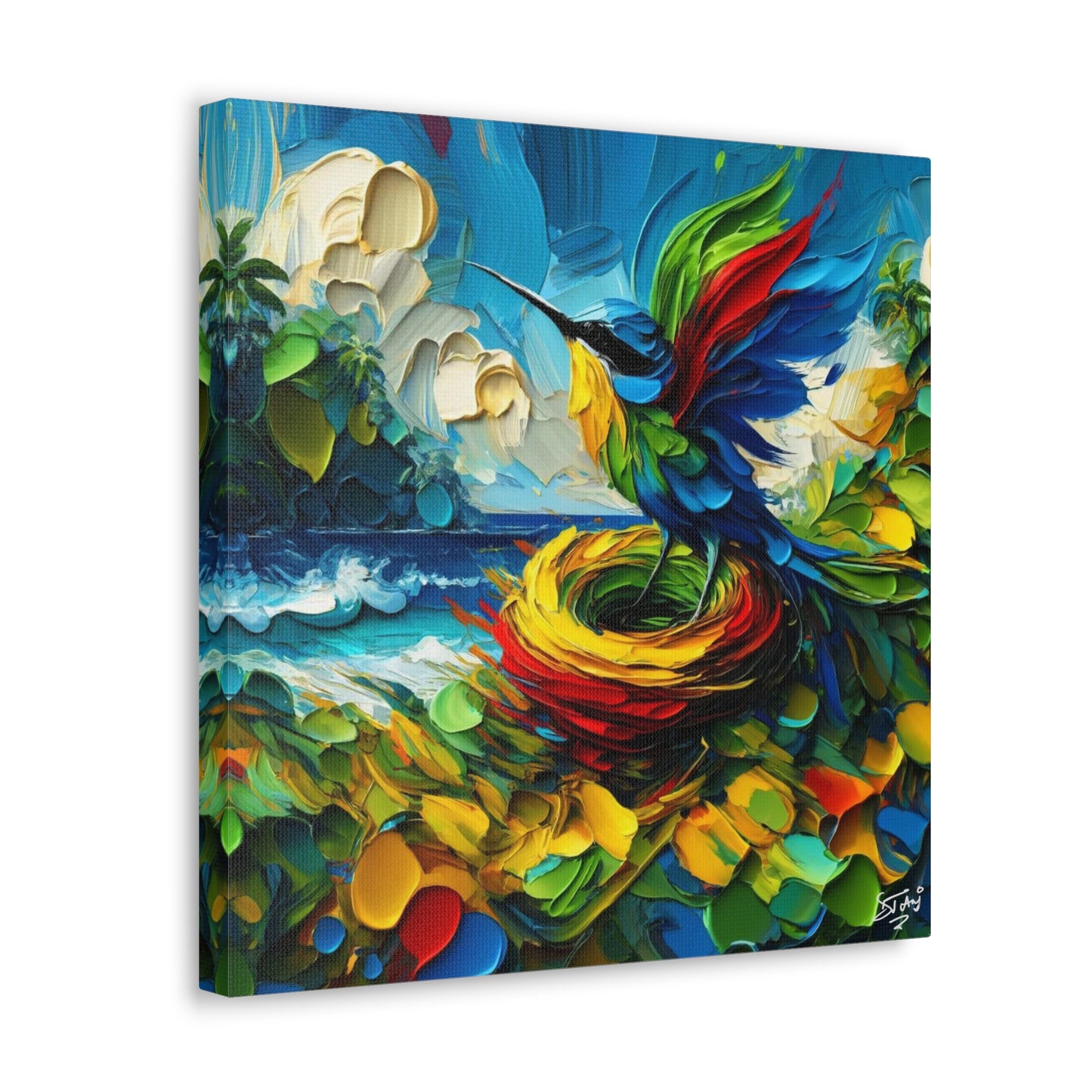 Art Print, Hummingbird, Oil Finish, Caribbean Nature, Cultural, Heritage, Semi-Abstract, Canvas Gallery Wrap