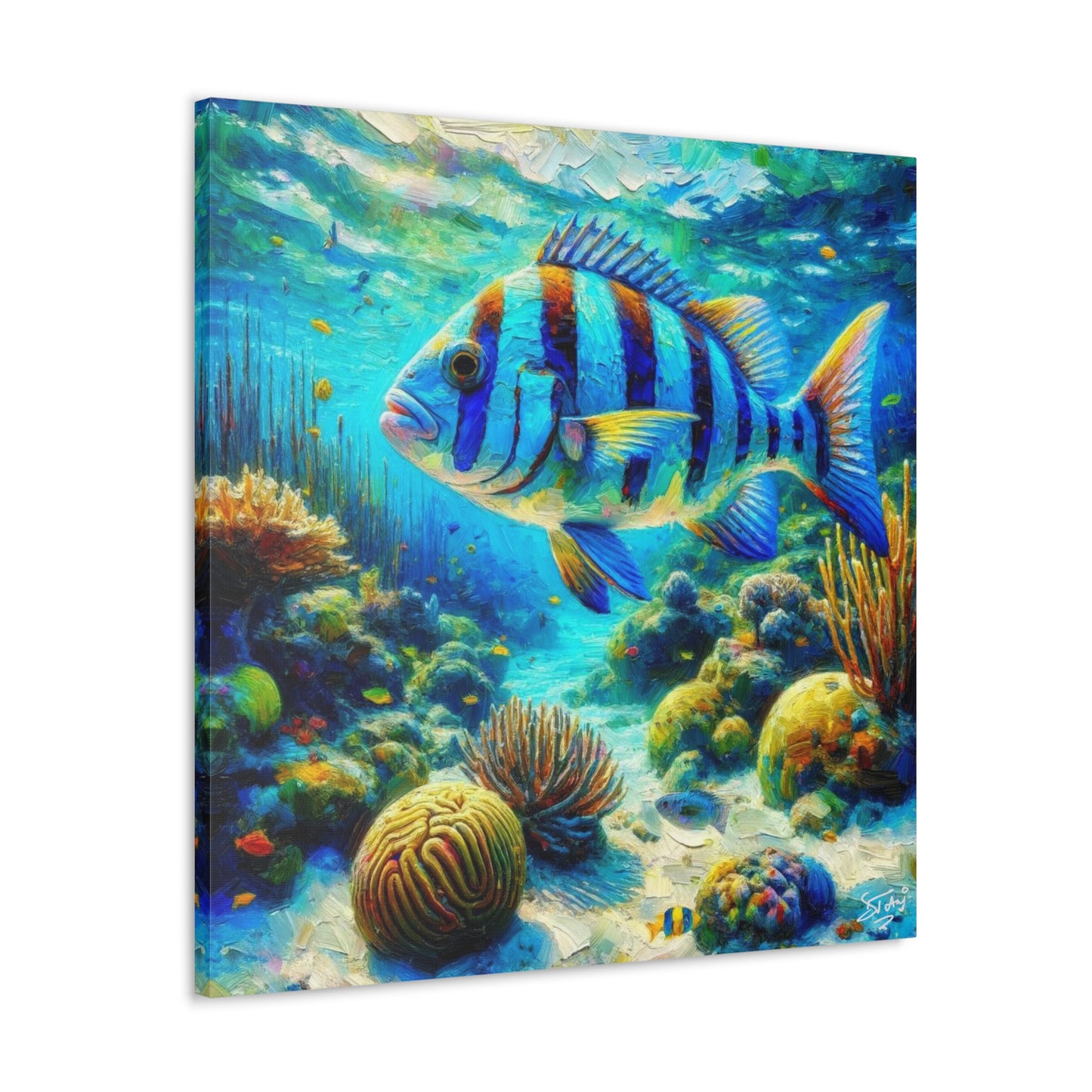 Art Print, Blue-Striped Grunt Fish in Coral Reef, Oil Finish, Caribbean Nature, Semi-Abstract, Canvas Gallery Wrap