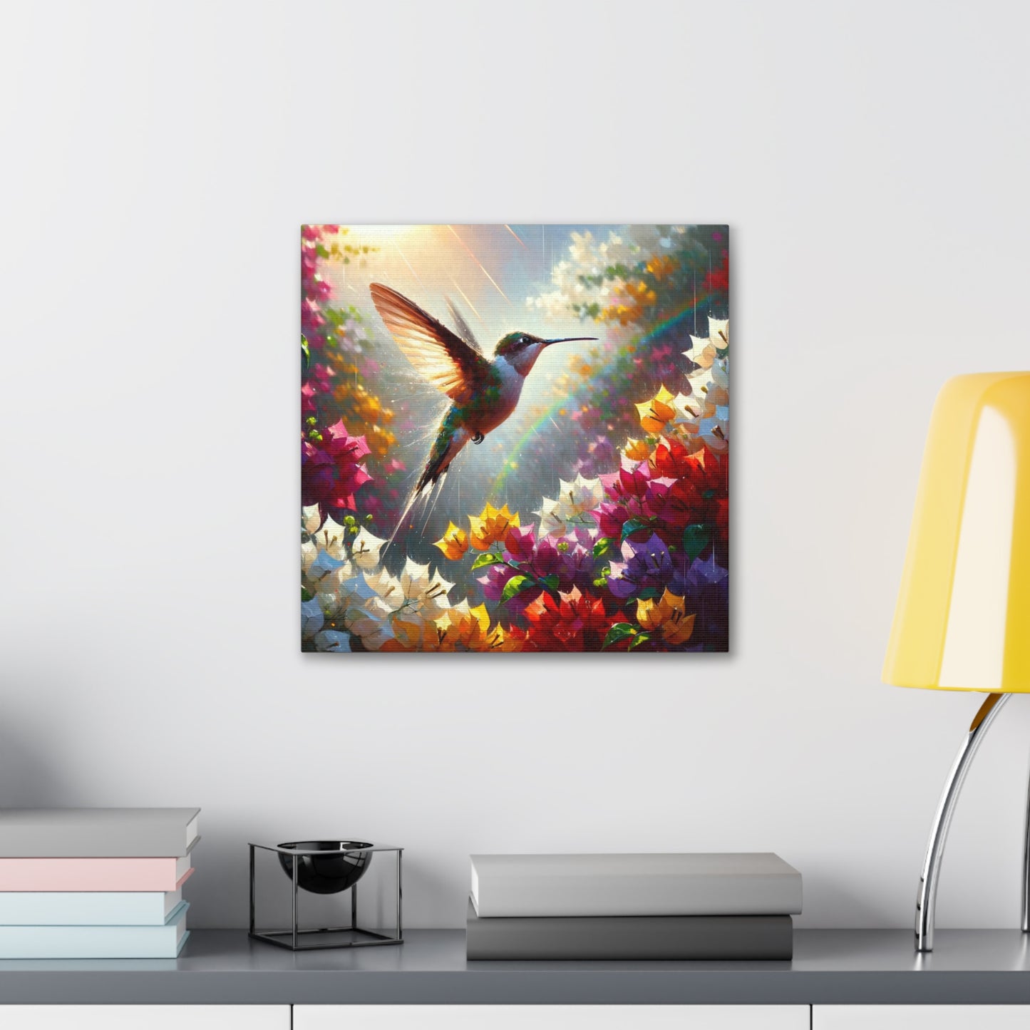 Art Print#3 of Hummingbird in Flight...in the Sun and Rain, Bougainvillea, Caribbean, Oil Finish, West Indian Art, Canvas Gallery Wraps