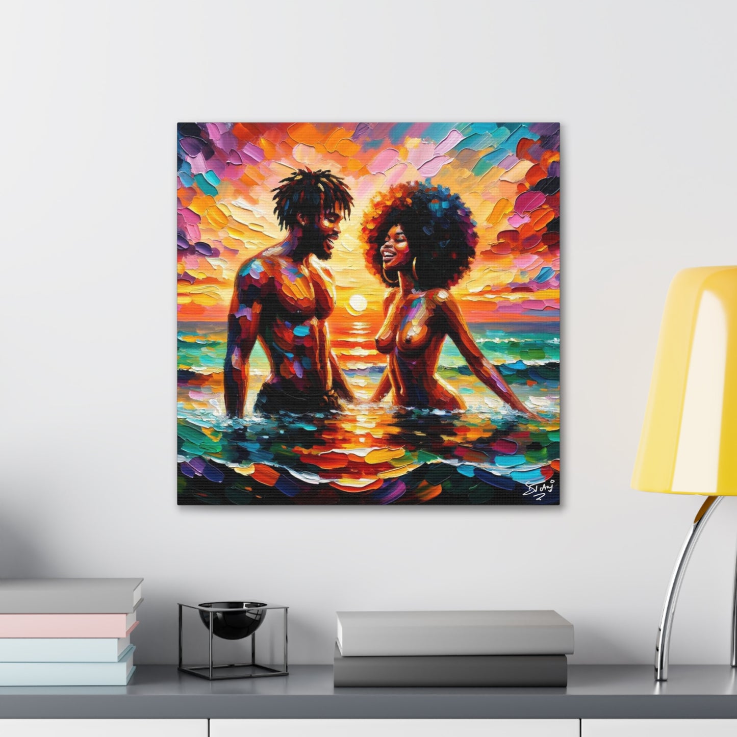 Art Print, Afro-Caribbean Couple in the Sea, Oil Finish, West Indian Ethnicity, Cultural, Heritage, Semi-Abstract, Canvas Gallery Wrap