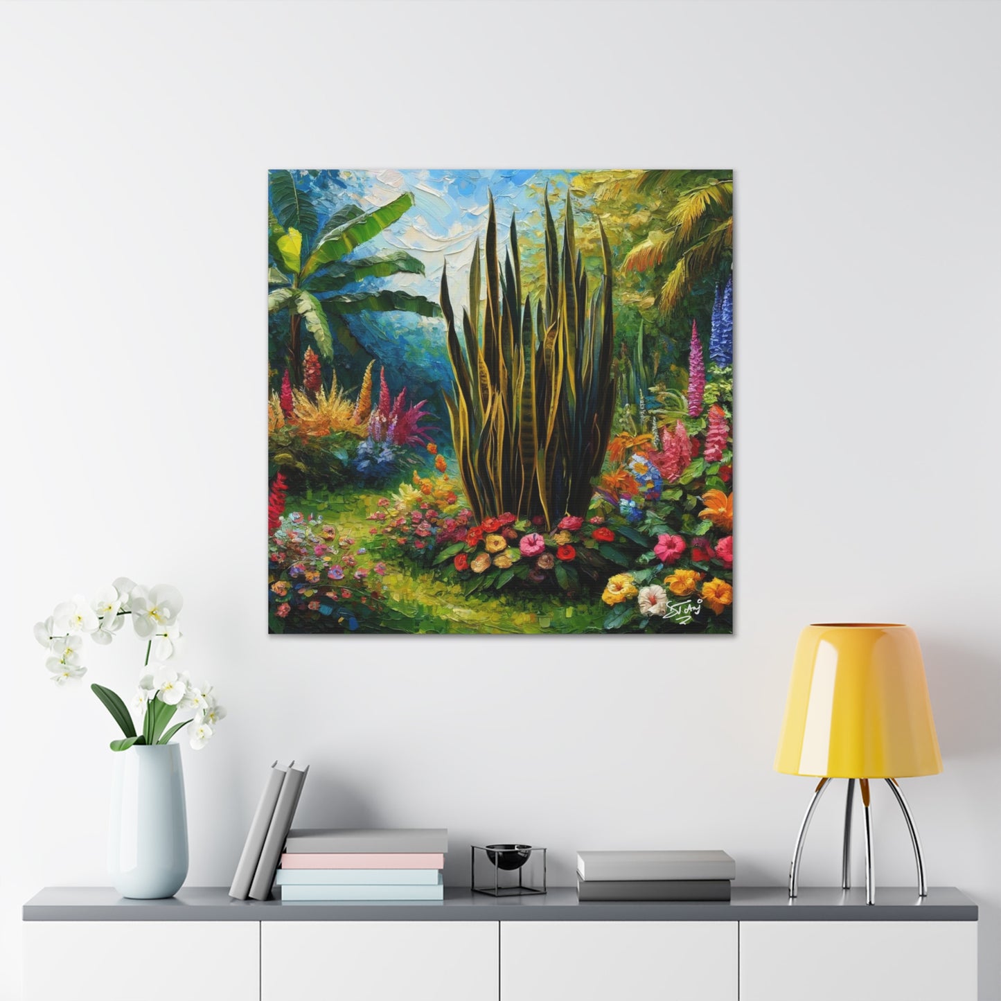 Art Print of Snake Plant in Tropical Flower Garden, Oil Finish, West Indian Art, Canvas Gallery Wraps