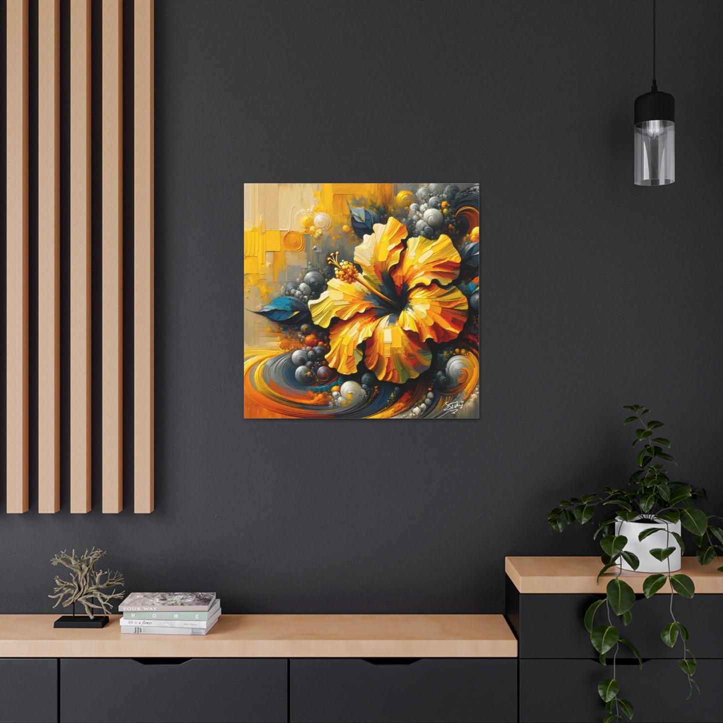 Oil Print#2 of a Yellow Hibiscus Flower, Close-up View, Semi-abstract, Caribbean, Vibrant Vivid Colors, Canvas Gallery Wraps