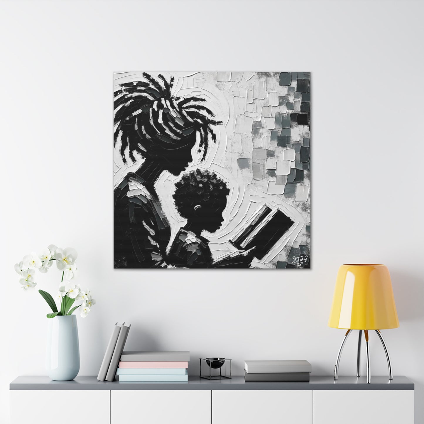 Art Print, Afro-Caribbean Mother & Son (2), Oil Finish, West Indian Ethnicity, Cultural, Heritage, Semi-Abstract, Canvas Gallery Wrap