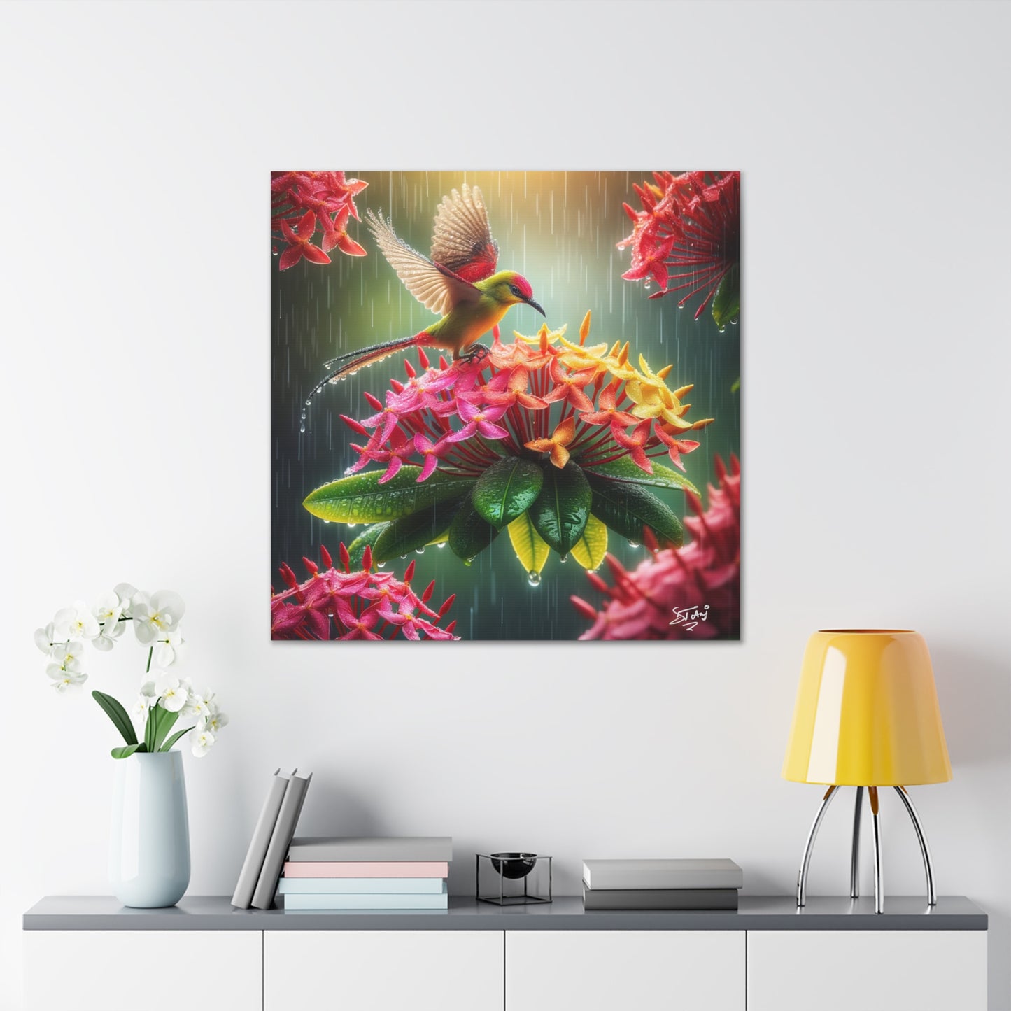 Print of Tropical Bird in the Rain Perched on Ixora Flower, Oil Paint Finish, Caribbean, Tropical, Canvas Gallery Wraps