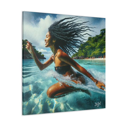 Art Print, Caribbean Woman, "Sea Bath" Abstract, Oil Finish, West Indian Ethnicity, Cultural, Heritage, Abstract, Canvas Gallery Wrap