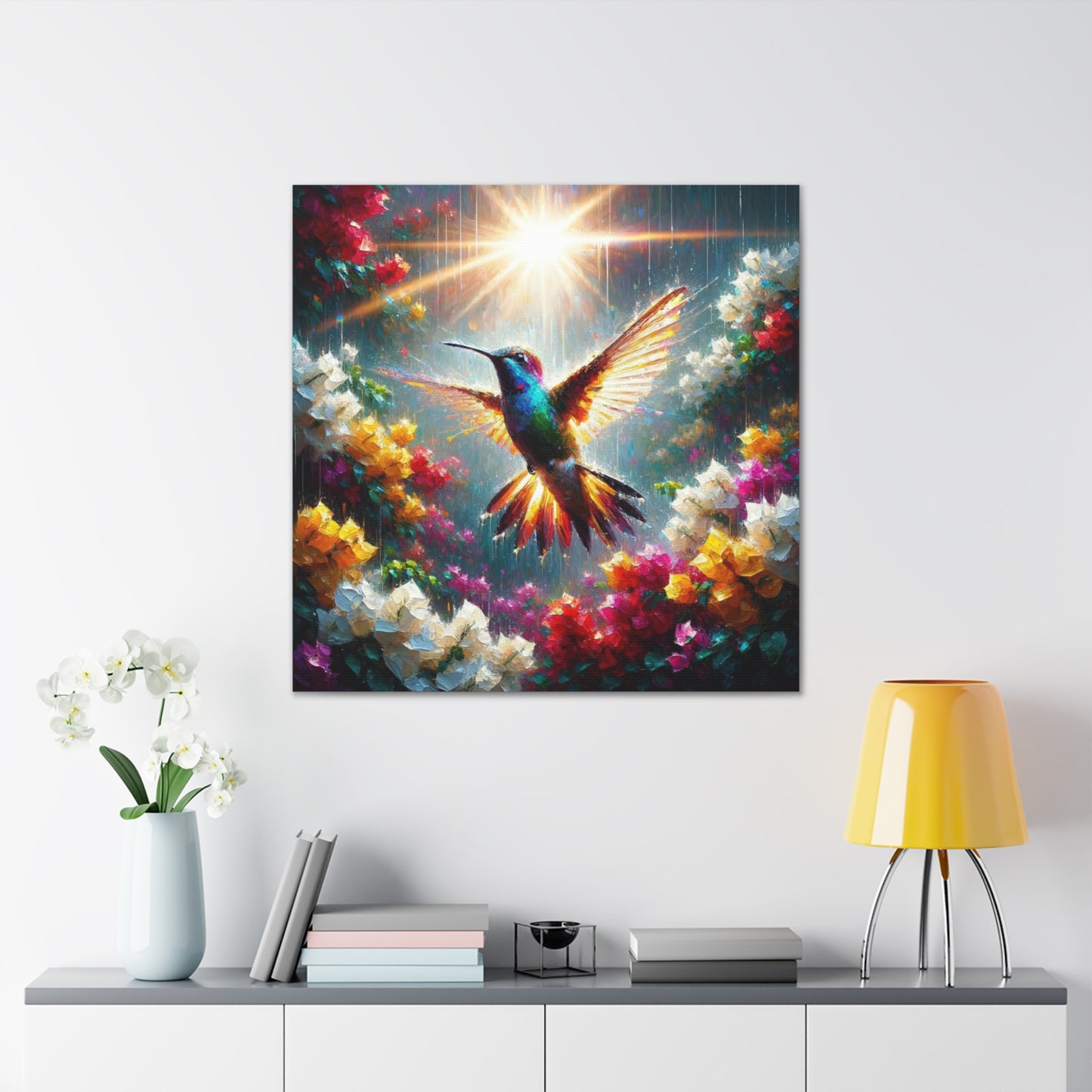 Art Print#2 of Hummingbird in Flight...in the Sun and Rain, Bougainvillea, Caribbean, Oil Finish, West Indian Art, Canvas Gallery Wraps