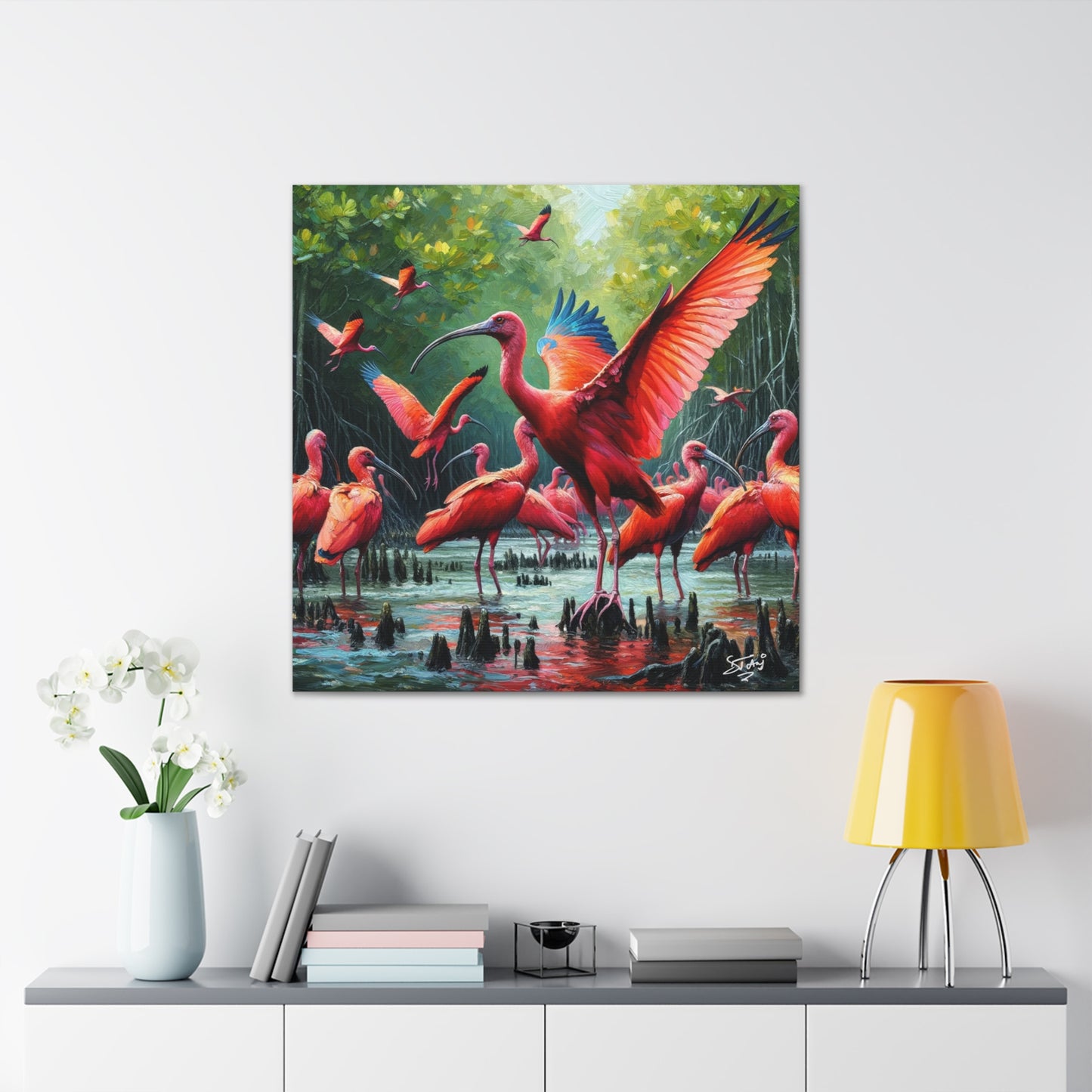 Art Print#2, Scarlet Ibises in Their Natural Mangrove Habitat in Trinidad and Tobago, Caribbean, West Indian Art, Canvas Gallery Wraps