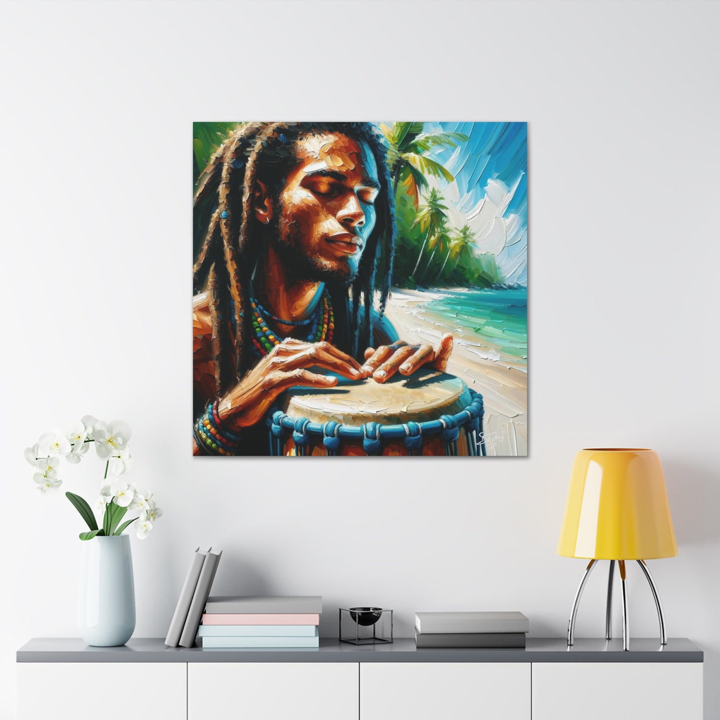 Art Print, Afro-Caribbean Man, "Drumming" Oil Finish, West Indian Ethnicity, Cultural, Heritage, Abstract, Canvas Gallery Wrap