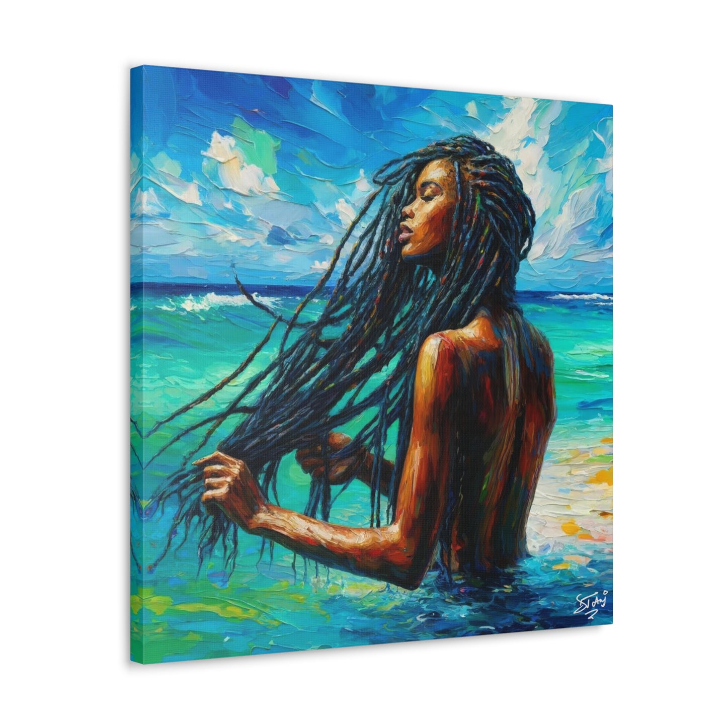 Art Print, Afro-Caribbean Woman "Chilling in the Ocean" Oil Finish, West Indian Ethnicity, Cultural, Heritage, Semi-Abstract, Canvas Gallery Wrap