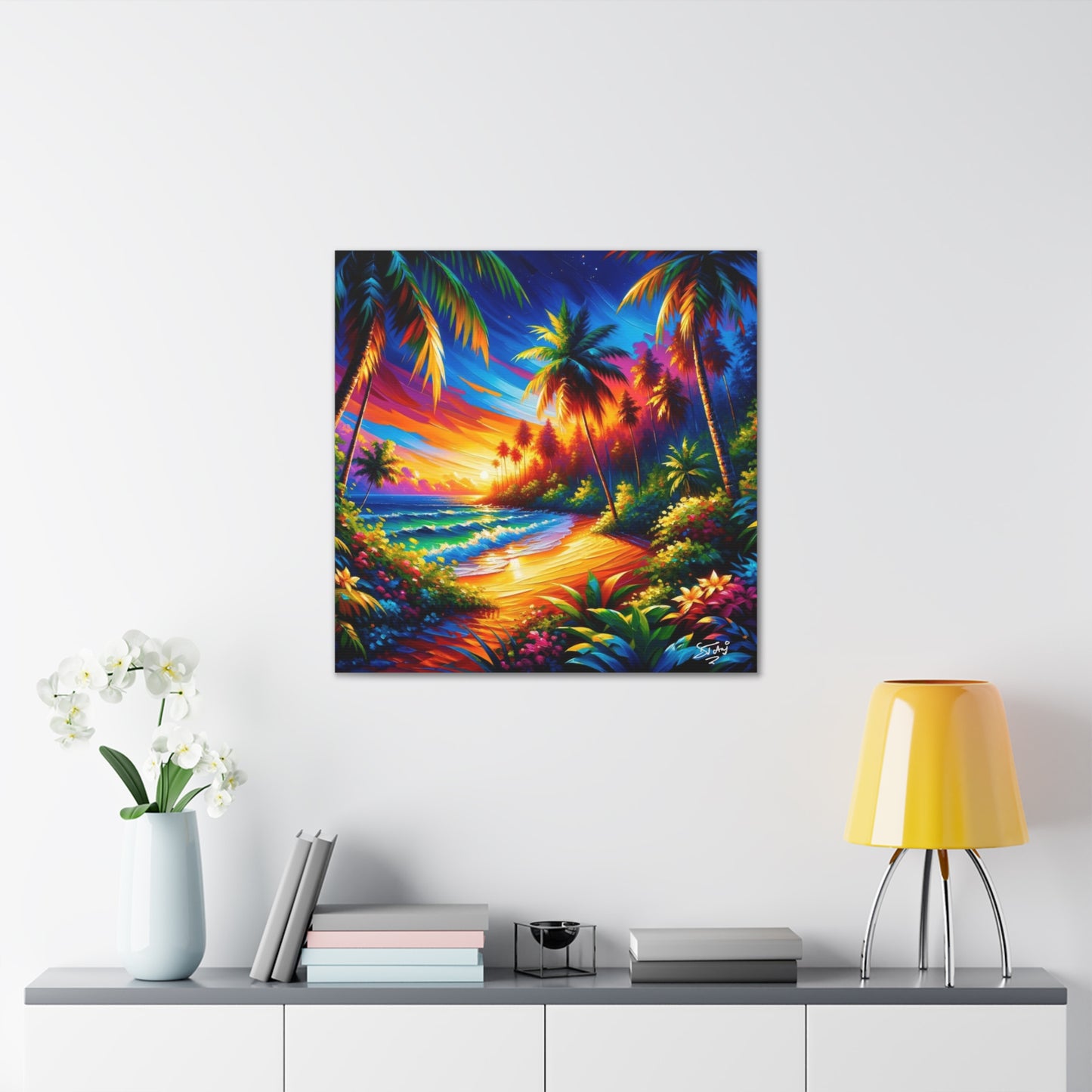 Art Print of Caribbean Beach Sunset Scene, Semi-Abstract Oil Painting, West Indian Art, Canvas Gallery Wraps