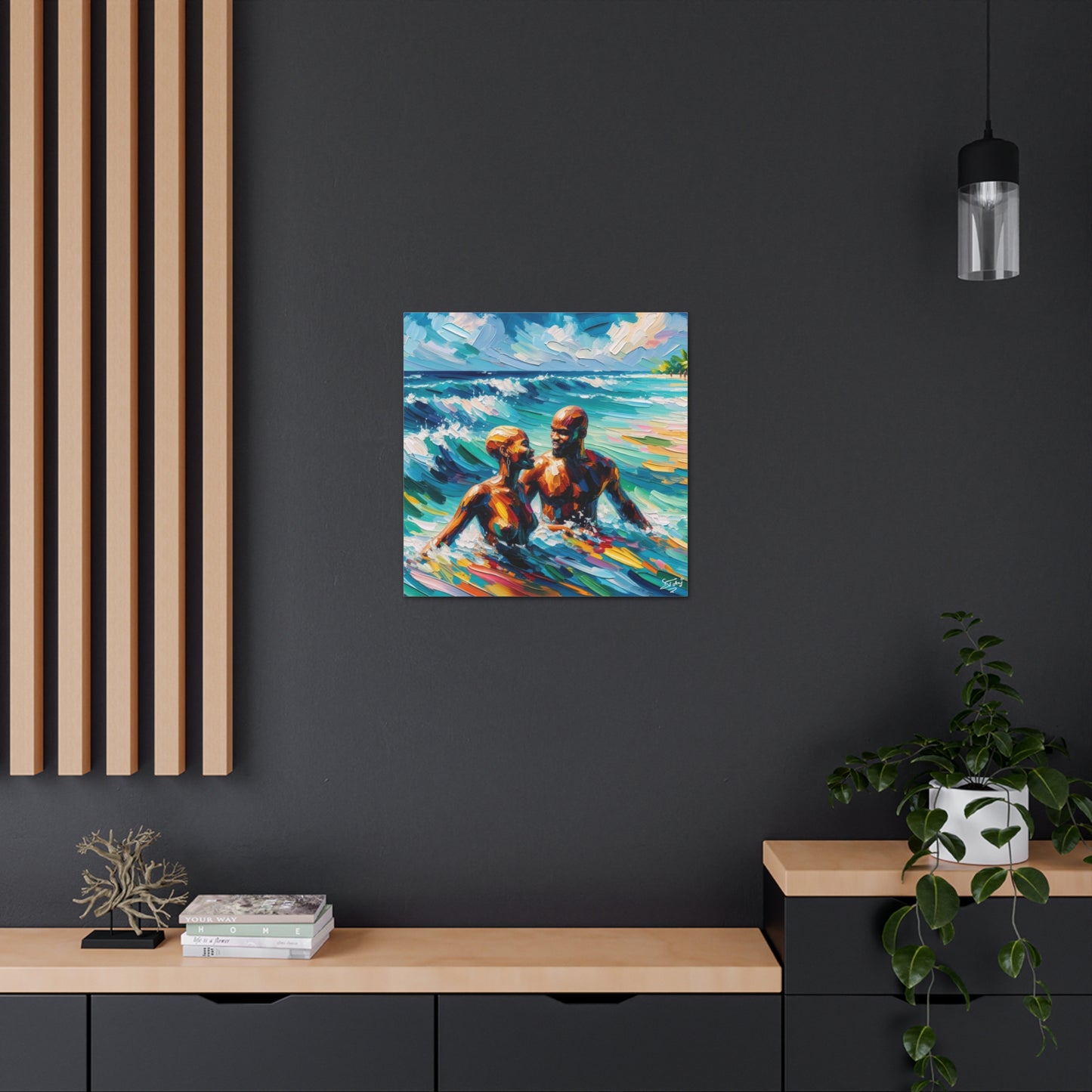 Art Print, Afro-Caribbean Couple "Skinny Dipping," Oil Finish, West Indian Ethnicity, Cultural, Heritage, Semi-Abstract, Canvas Gallery Wrap