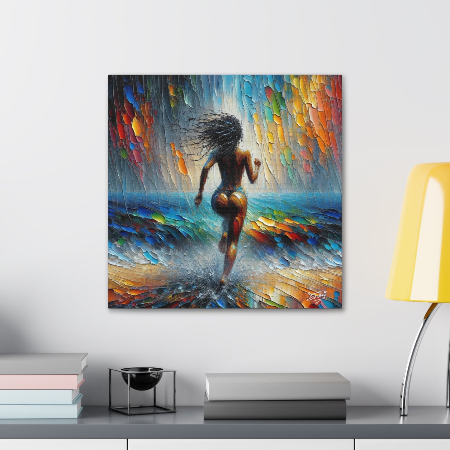 Art Print, Dougla Woman "Running Into the Storm" Oil Finish, West Indian Ethnicity, Cultural, Heritage, Semi-Abstract, Canvas Gallery Wrap