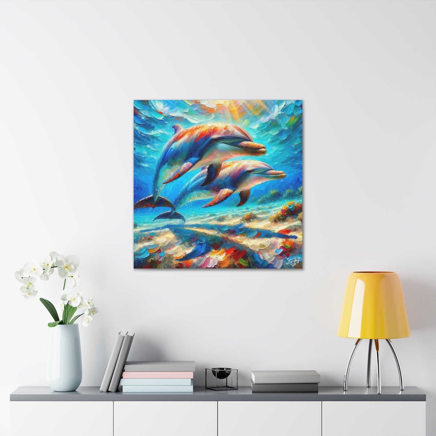 Art Print, Two Dolphins, Oil Finish, Caribbean Nature, Canvas Gallery Wrap