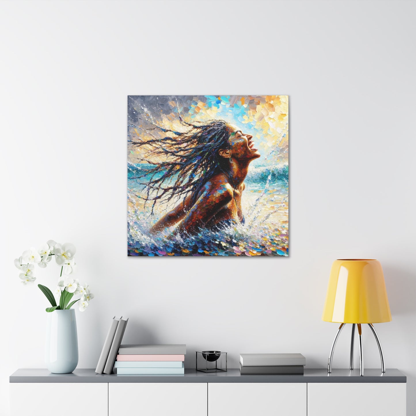 Art Print#2 of Dougla Woman's Exhilaration Captured - Joy, Laughter, Color, Caribbean Sea, Oil Finish, West Indian Art, Canvas Gallery Wraps