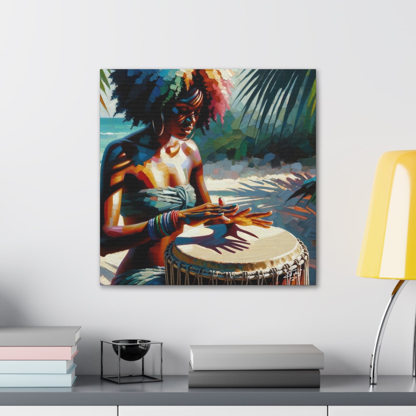 Art Print, Afro-Caribbean Woman, "Drumming" Oil Finish, West Indian Ethnicity, Cultural, Heritage, Abstract, Canvas Gallery Wrap