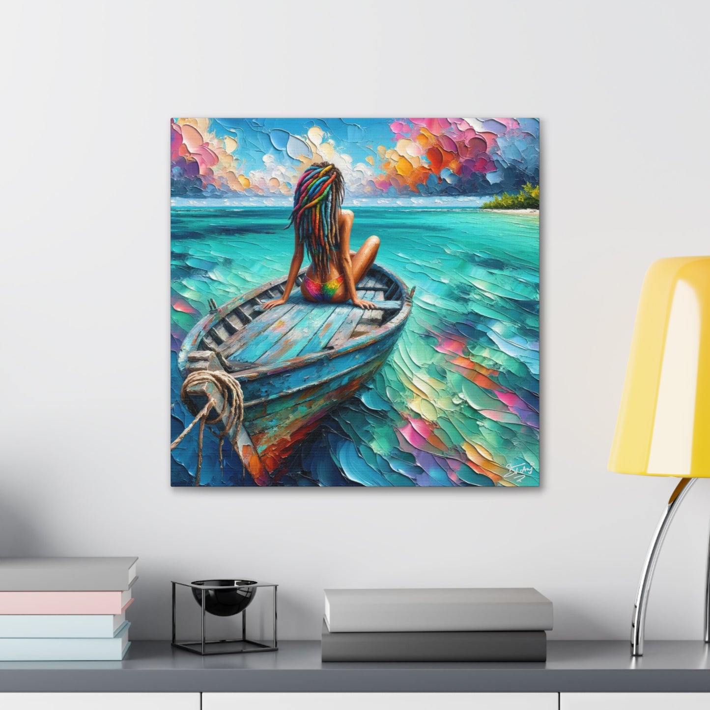 Art Print, Caribbean Woman "Chilling in the Boat" Oil Finish, West Indian Ethnicity, Cultural, Heritage, Semi-Abstract, Canvas Gallery Wrap