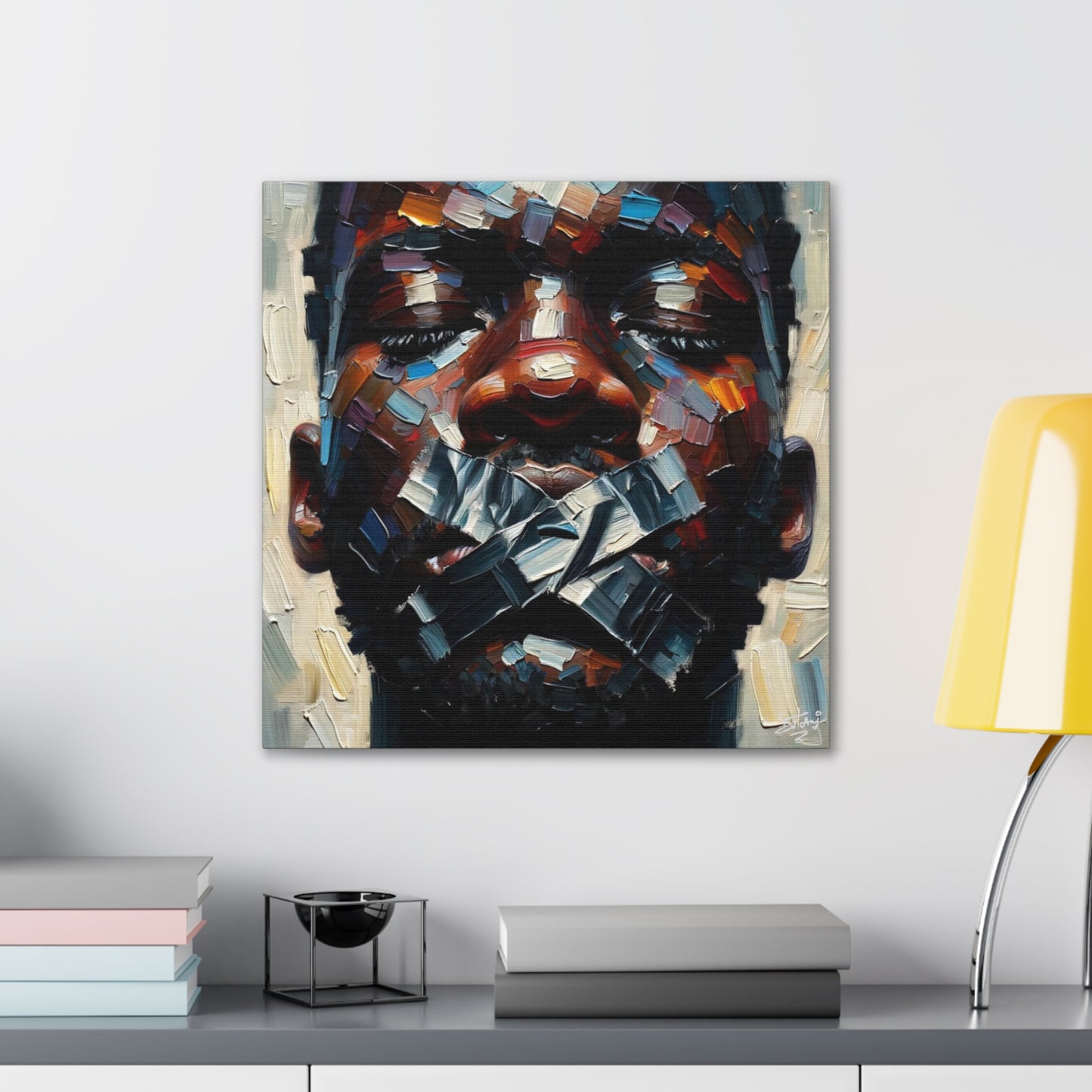 Art Print, Afro-Caribbean Man Silenced? Oil Finish, West Indian Ethnicity, Cultural, Heritage, Semi-Abstract, Canvas Gallery Wrap