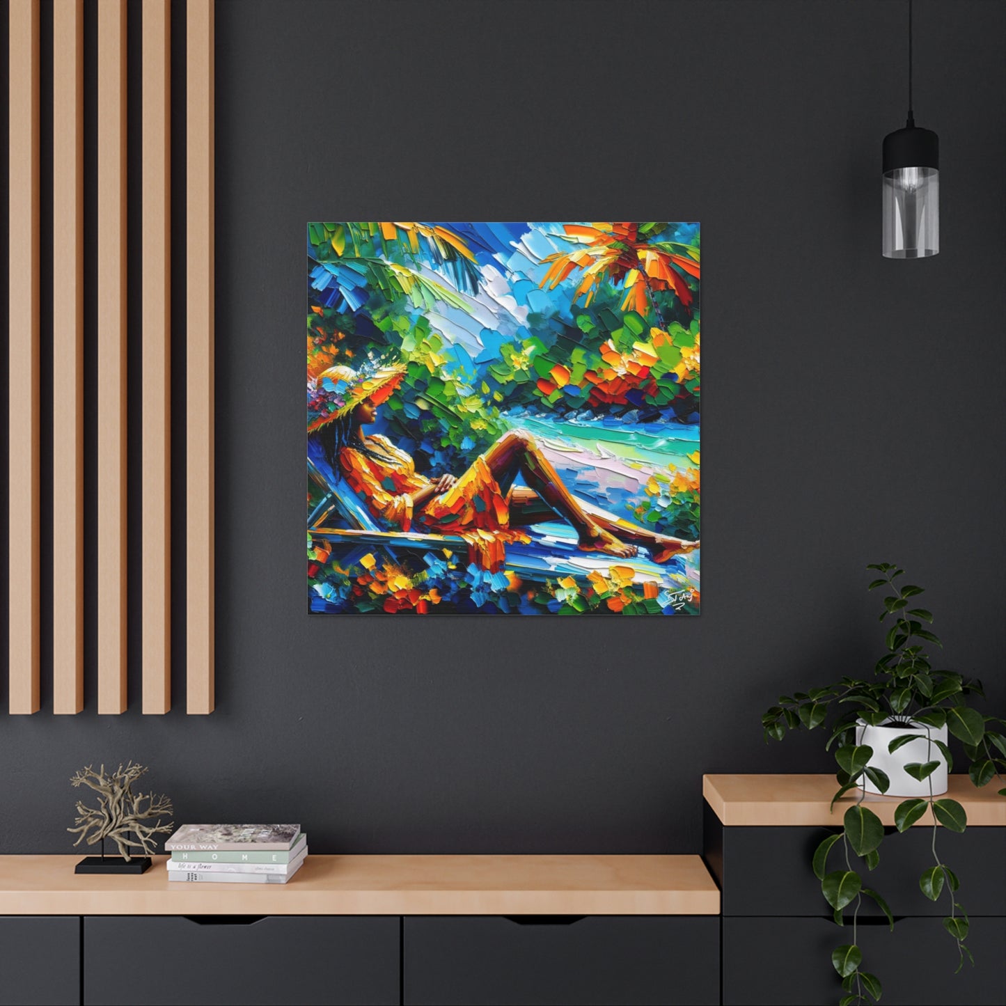 Art Print, Afro-Caribbean Woman, "Relaxing" Oil Finish, West Indian Ethnicity, Cultural, Heritage, Abstract, Canvas Gallery Wrap