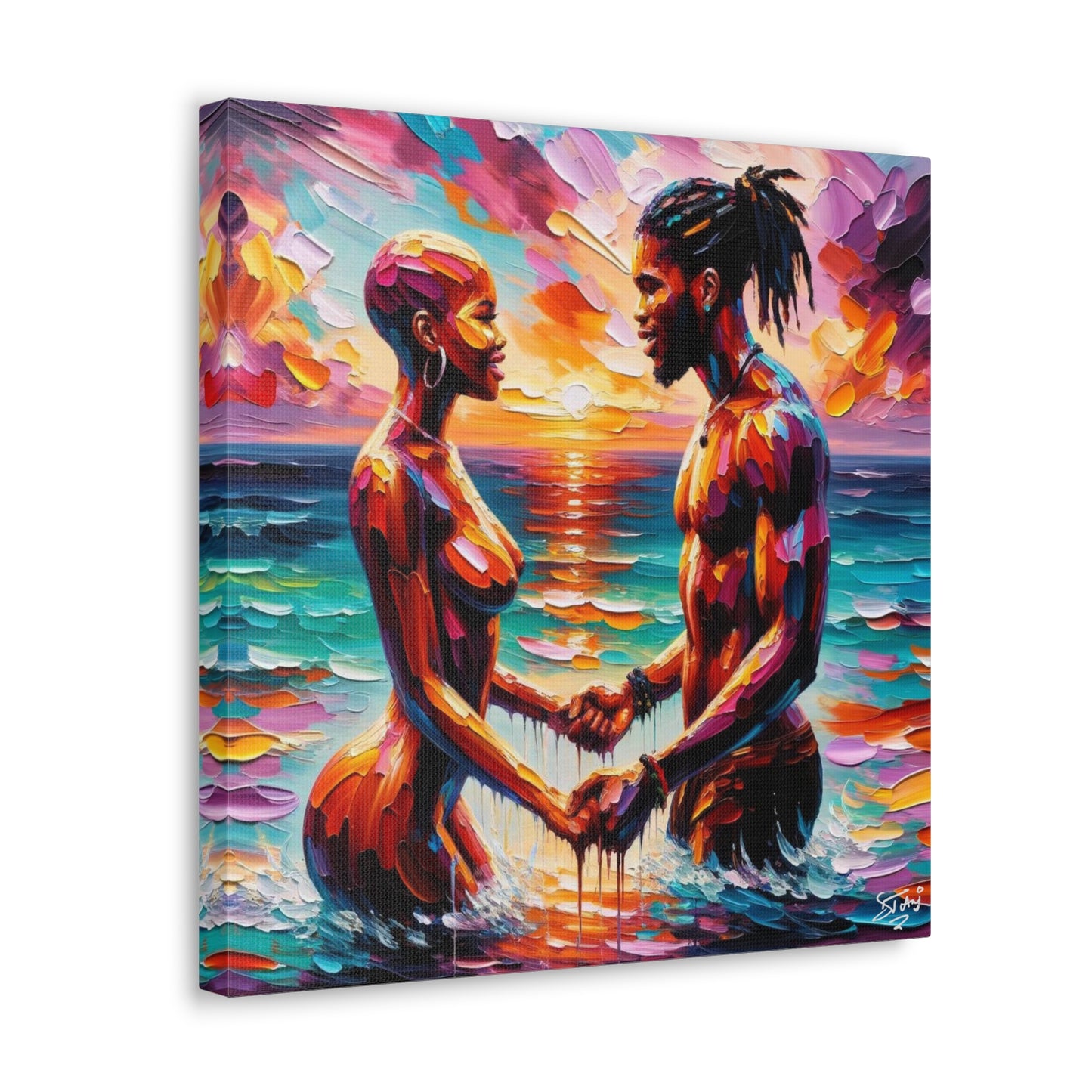 Art Print, Afro-Caribbean Couple "Skinny Dipping," Oil Finish, West Indian Ethnicity, Cultural, Heritage, Semi-Abstract, Canvas Gallery Wrap