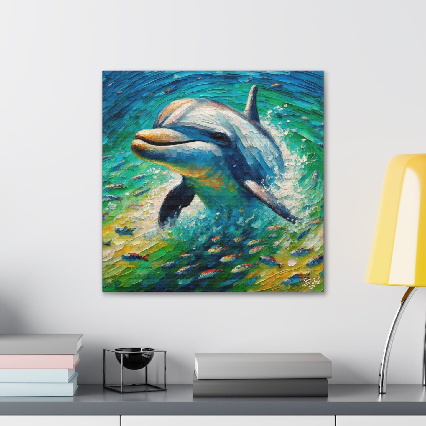 Art Print, Dolphin in the Caribbean Sea, Oil Finish, Caribbean Nature, Canvas Gallery Wrap