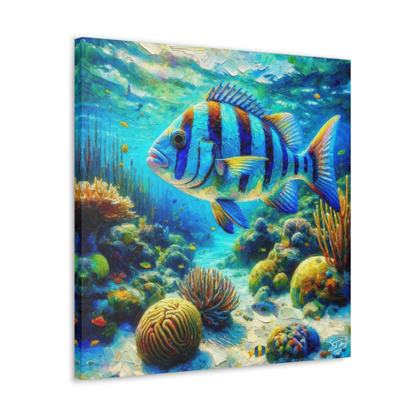 Art Print, Blue-Striped Grunt Fish in Coral Reef, Oil Finish, Caribbean Nature, Semi-Abstract, Canvas Gallery Wrap