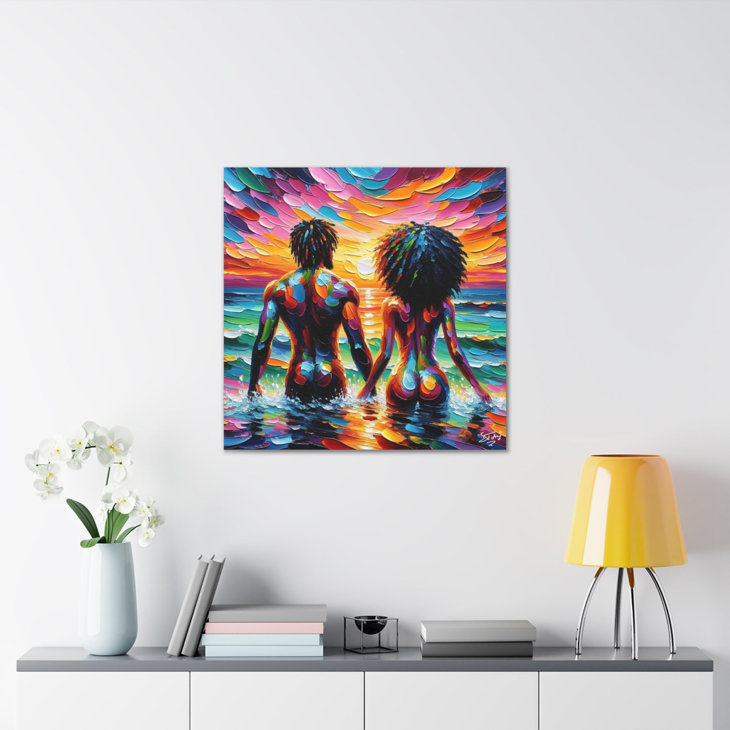 Art Print, Afro-Caribbean Couple "Skinny Dipping," Oil Finish, West Indian Ethnicity, Cultural, Heritage, Semi-Abstract, Canvas Gallery Wrap