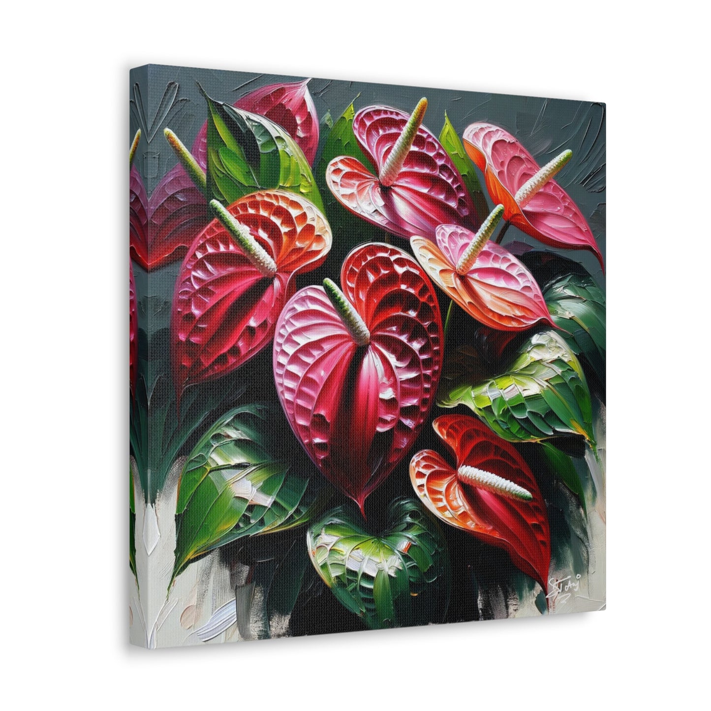 Print of Anthurium flowers with a vibrant, oil-painted finish, Canvas Gallery Wraps