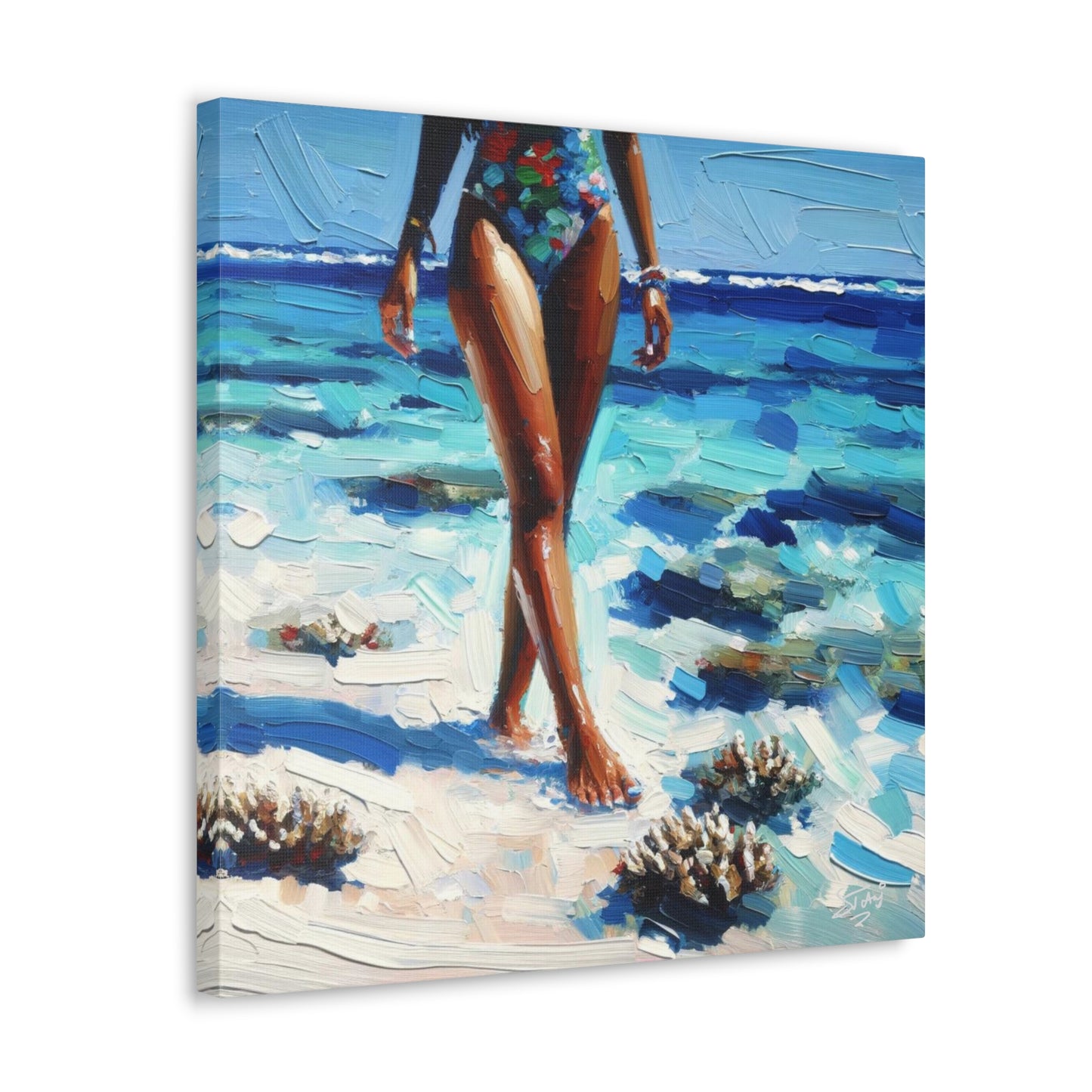 Art Print, Caribbean Woman, "Strolling on the Beach" Oil Finish, West Indian Ethnicity, Cultural, Heritage, Abstract, Canvas Gallery Wrap