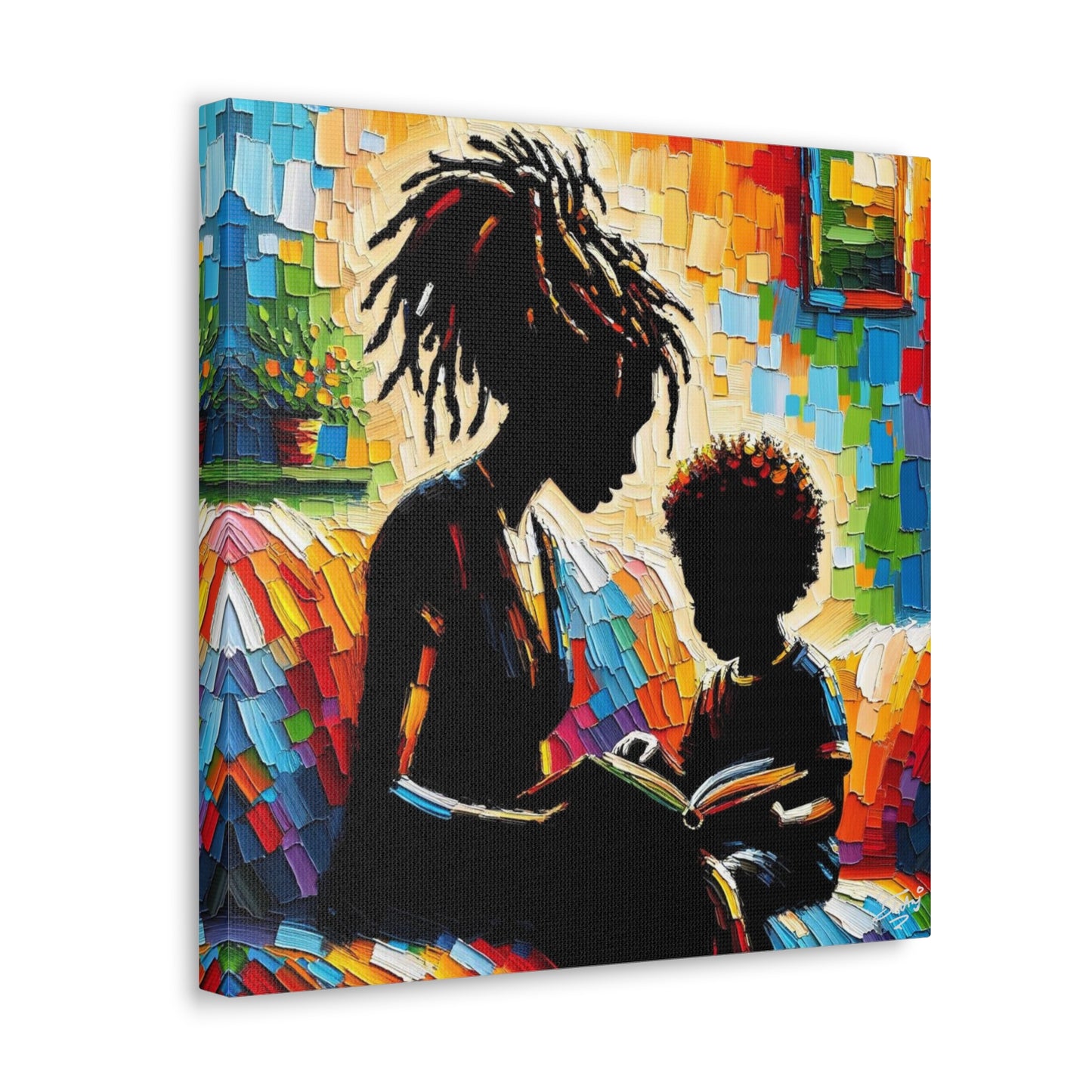 Art Print, Afro-Caribbean Mother & Son (3), Oil Finish, West Indian Ethnicity, Cultural, Heritage, Semi-Abstract, Canvas Gallery Wrap