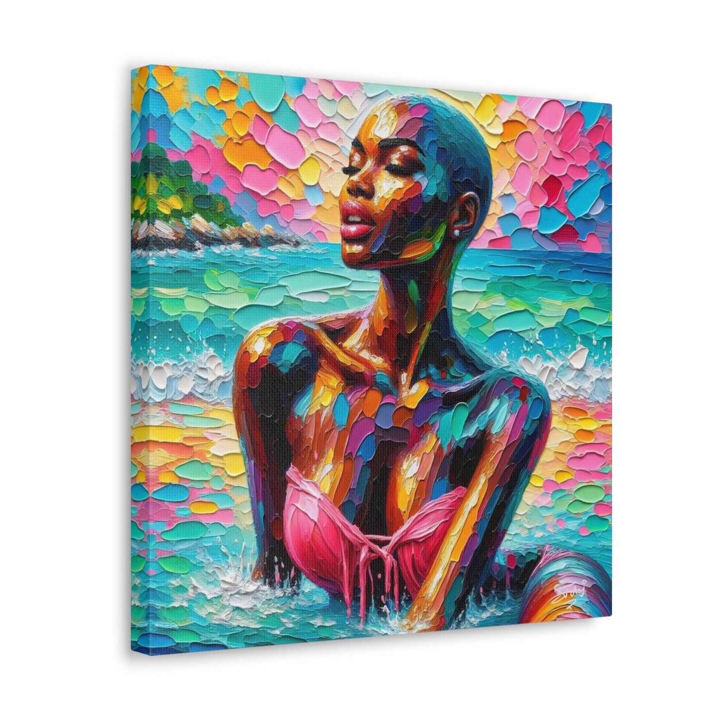 Art Print, Afro-Caribbean Woman, "Sea Bath" Abstract, Oil Finish, West Indian Ethnicity, Cultural, Heritage, Abstract, Canvas Gallery Wrap